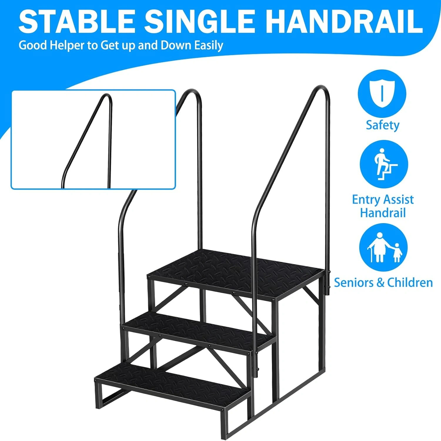 3 Step RV Ladder with Handrails, Heavy Duty Camper Steps Anti-Slip, Removable Hot Tub Spa Porch Pet Mobile Home Entry Stairs view 3