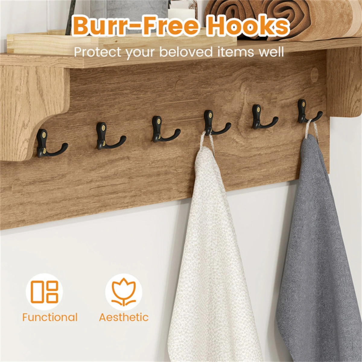 Wall Mount Coat Rack with Shelf - 31.5"x5.5"x8", 6 Hooks & 110LBS Capacity (Natural) view 10
