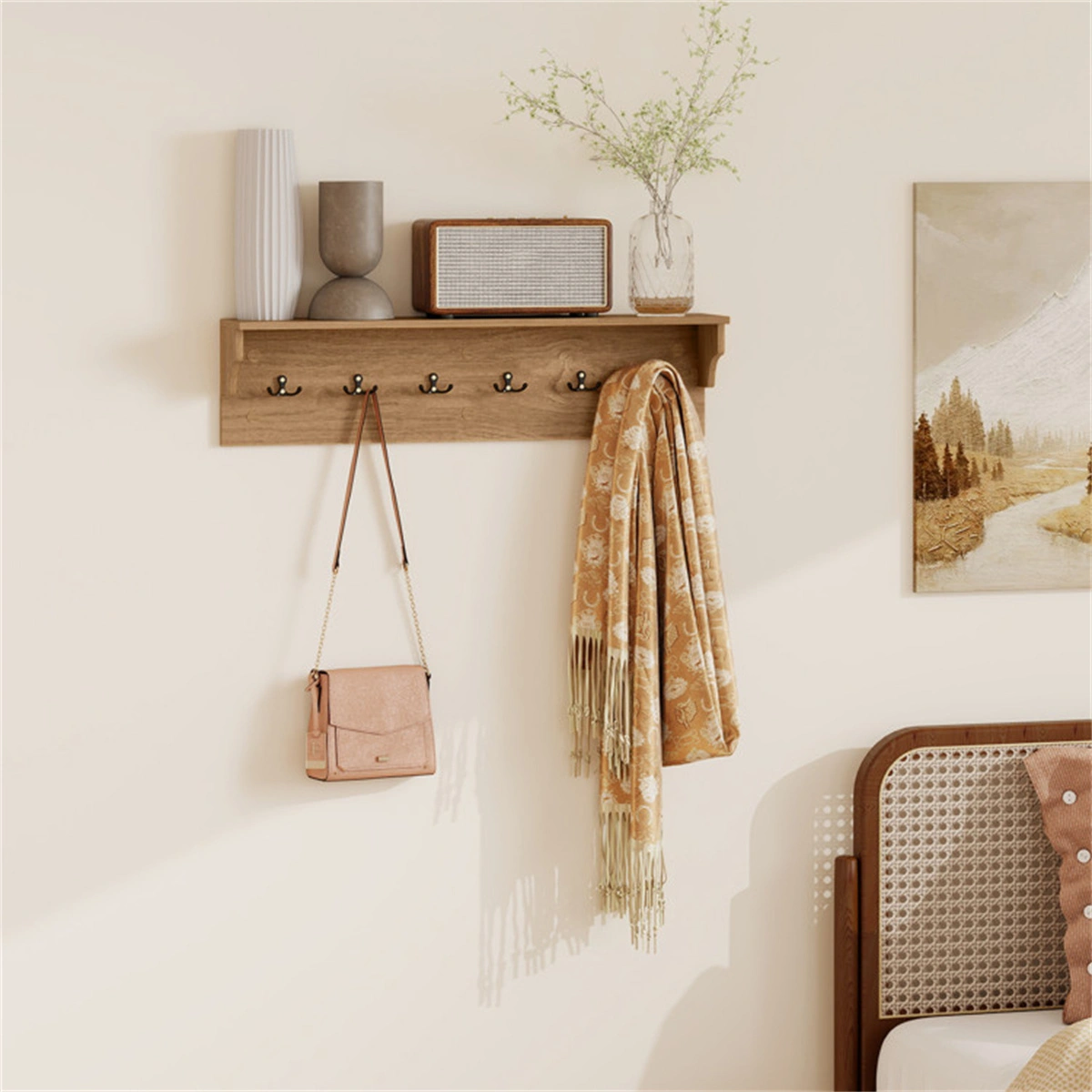 Wall Mount Coat Rack with Shelf - 31.5"x5.5"x8", 6 Hooks & 110LBS Capacity (Natural) view 6