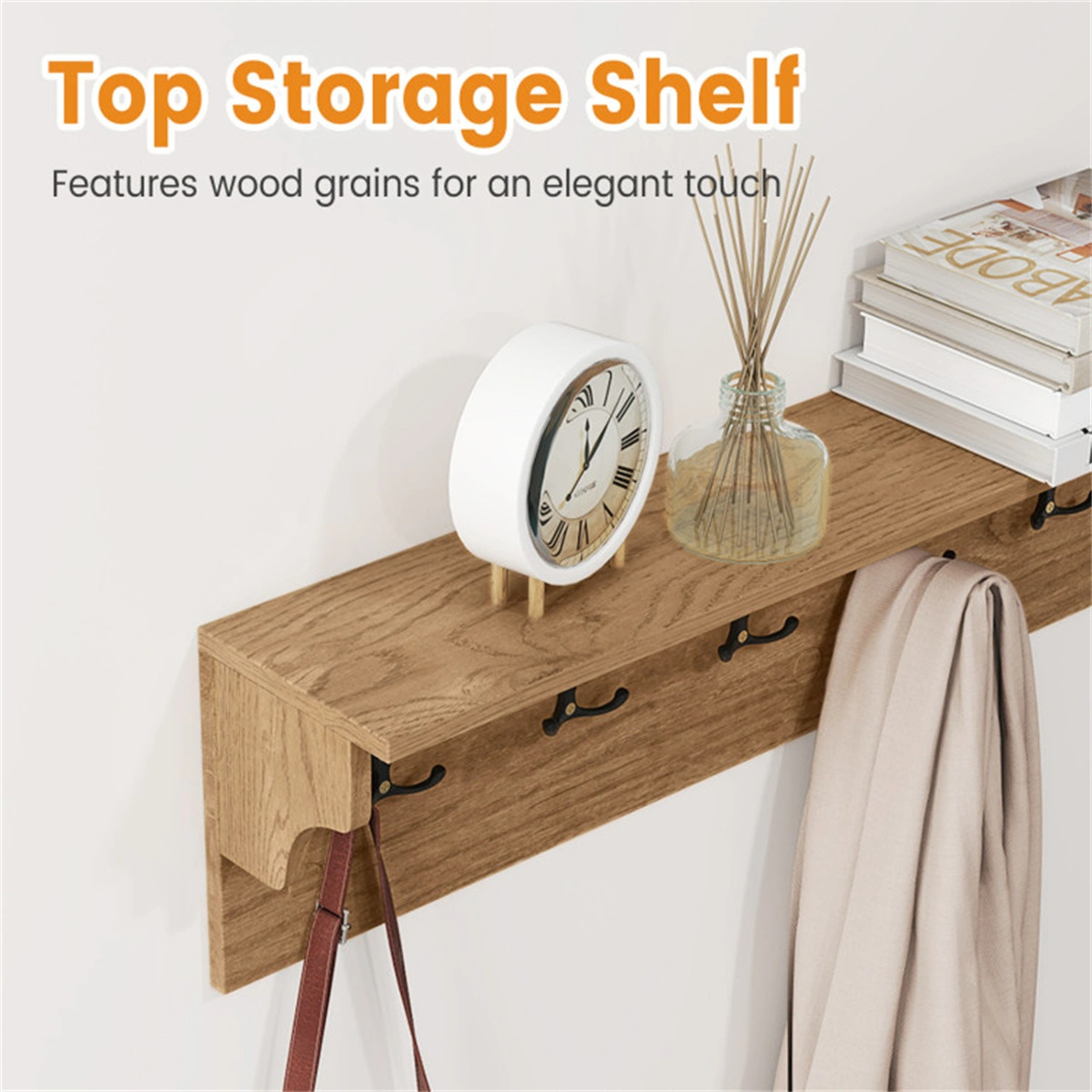 Wall Mount Coat Rack with Shelf - 31.5"x5.5"x8", 6 Hooks & 110LBS Capacity (Natural) view 7