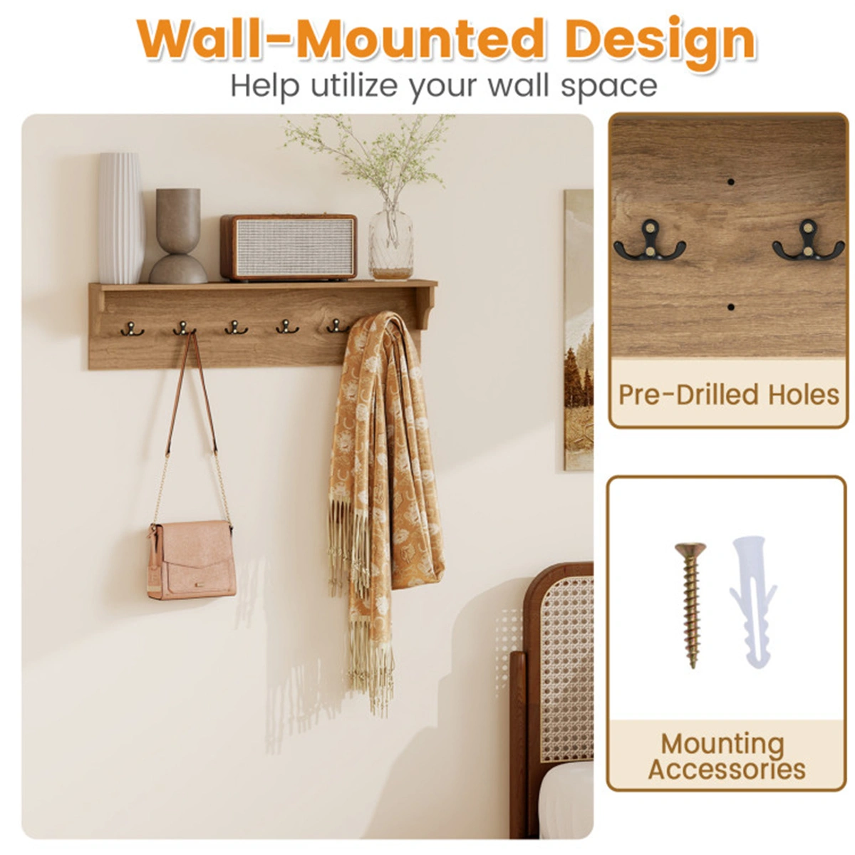 Wall Mount Coat Rack with Shelf - 31.5"x5.5"x8", 6 Hooks & 110LBS Capacity (Natural) view 8