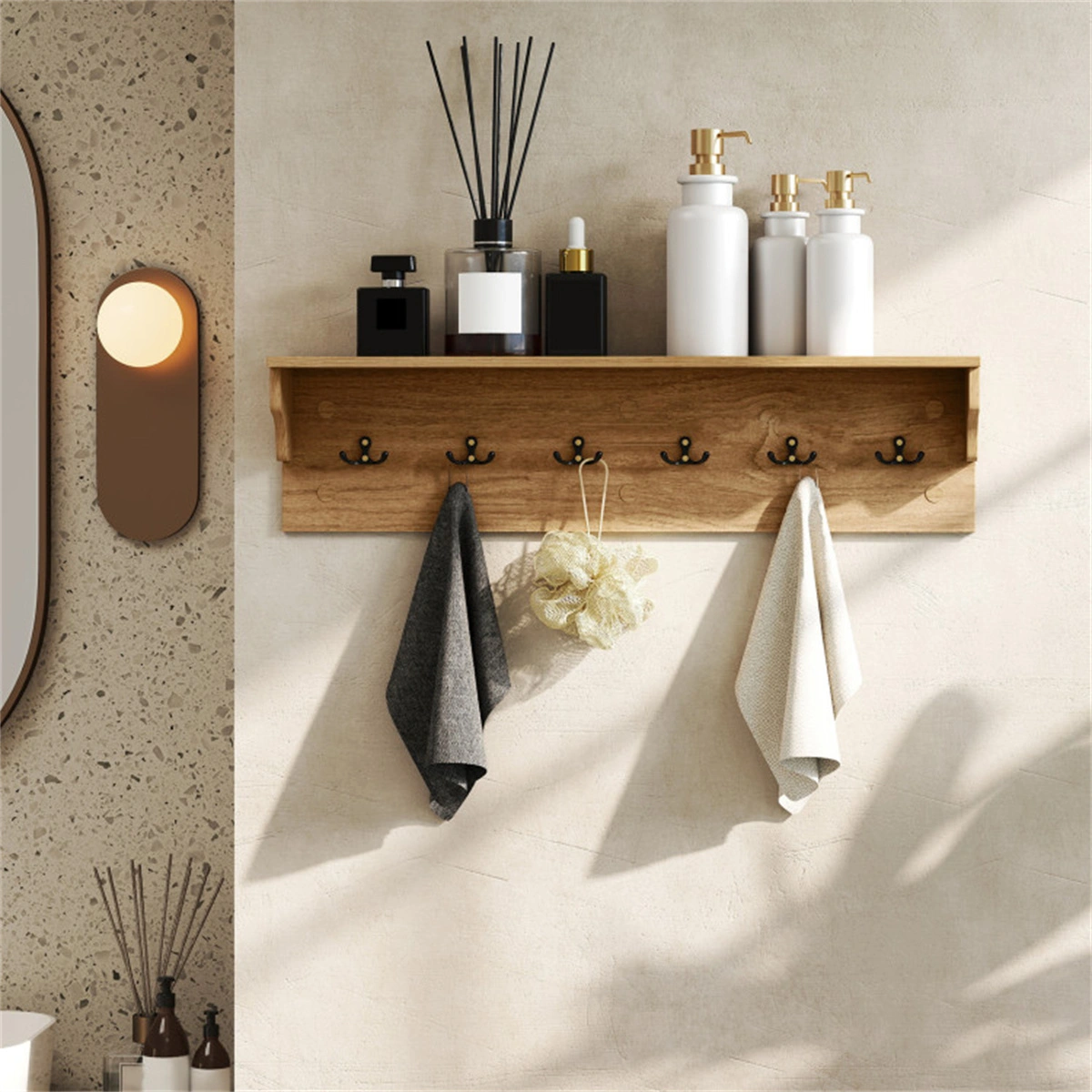 Wall Mount Coat Rack with Shelf - 31.5"x5.5"x8", 6 Hooks & 110LBS Capacity (Natural) view 9