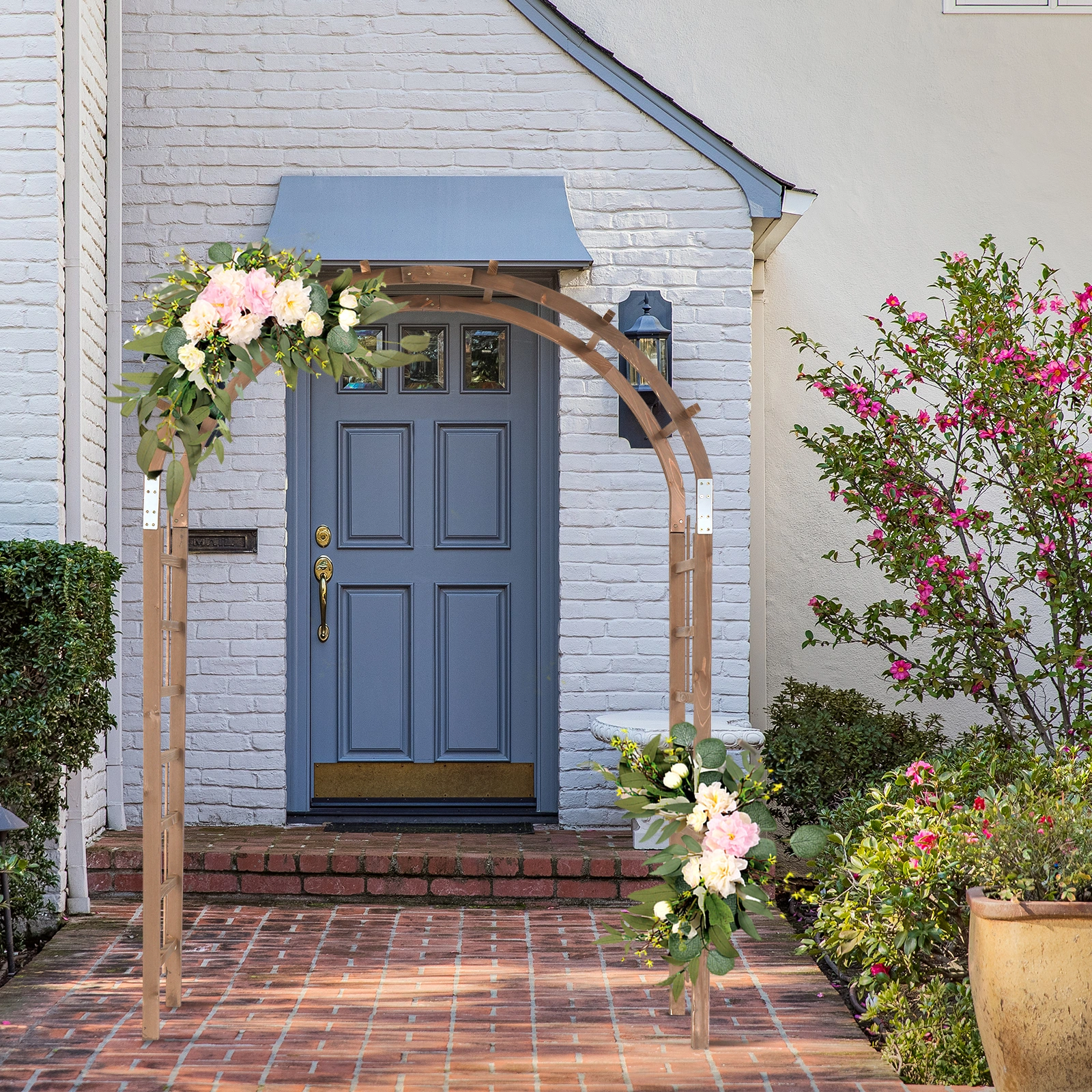 7FT Wooden Garden Arbor, Wedding Arch Backdrop Stand for Ceremony Party, Garden Pergola with Trellis for Climbing Plants, Dark Brown view 11