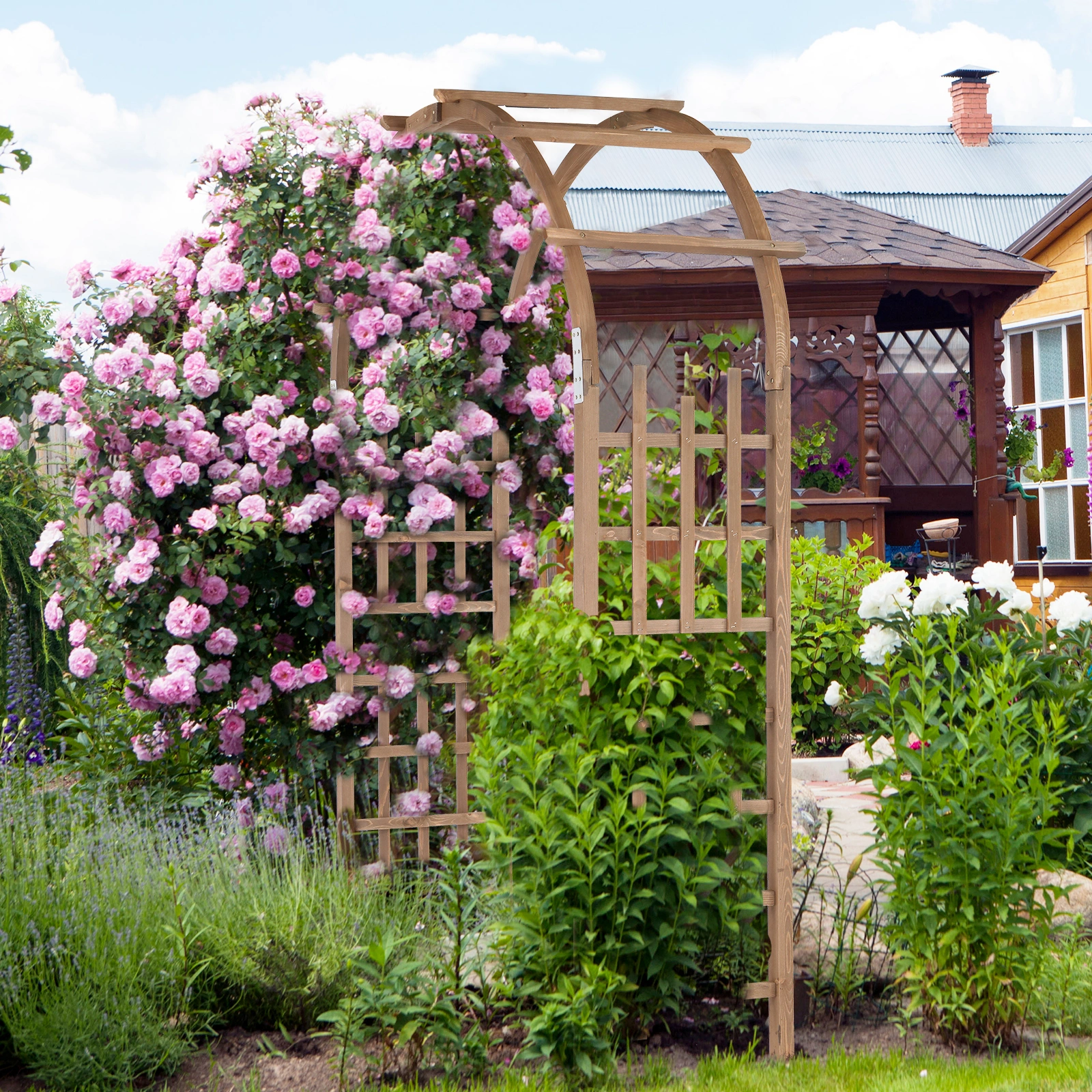 7FT Wooden Garden Arbor, Wedding Arch Backdrop Stand for Ceremony Party, Garden Pergola with Trellis for Climbing Plants, Dark Brown view 13