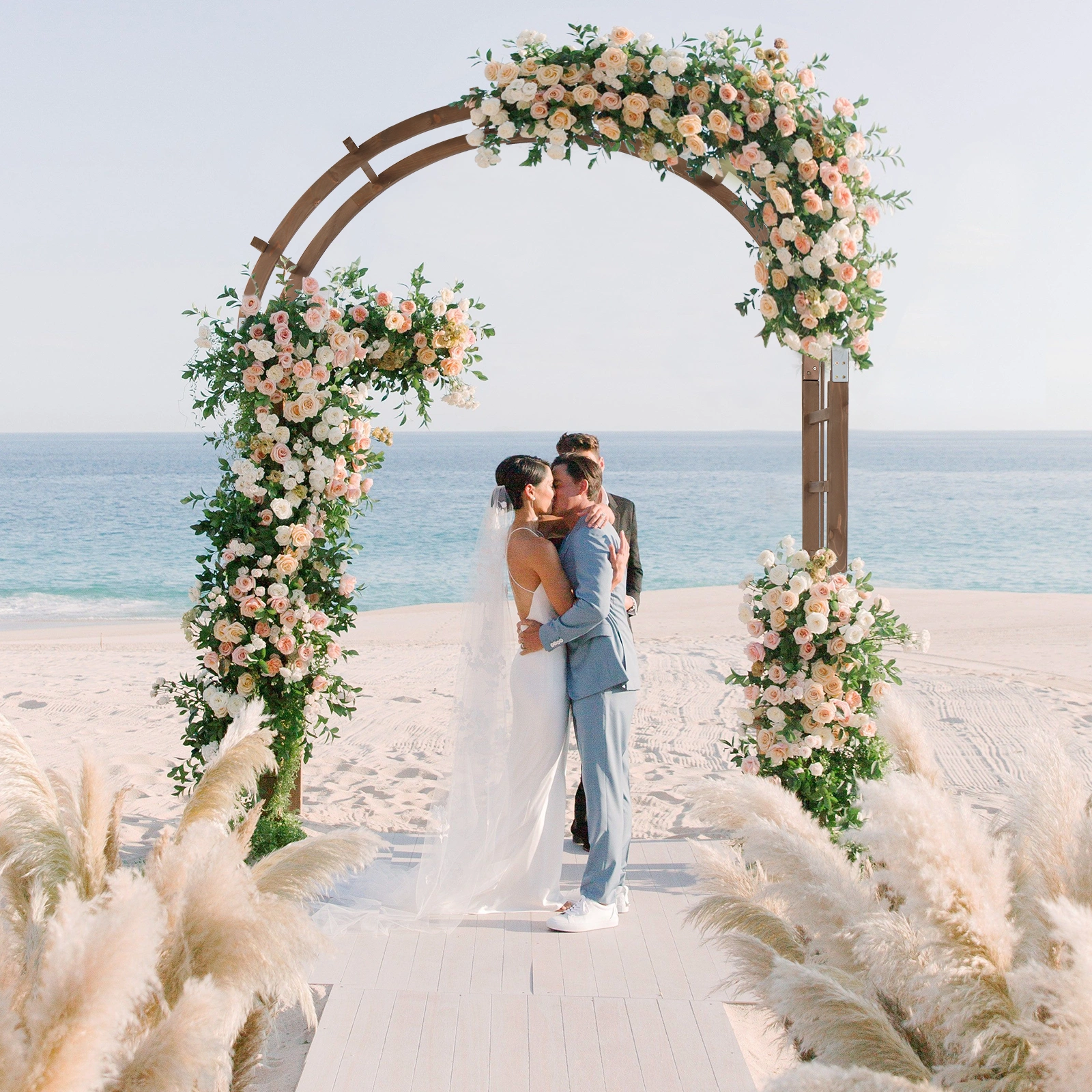 7FT Wooden Garden Arbor, Wedding Arch Backdrop Stand for Ceremony Party, Garden Pergola with Trellis for Climbing Plants, Dark Brown view 14