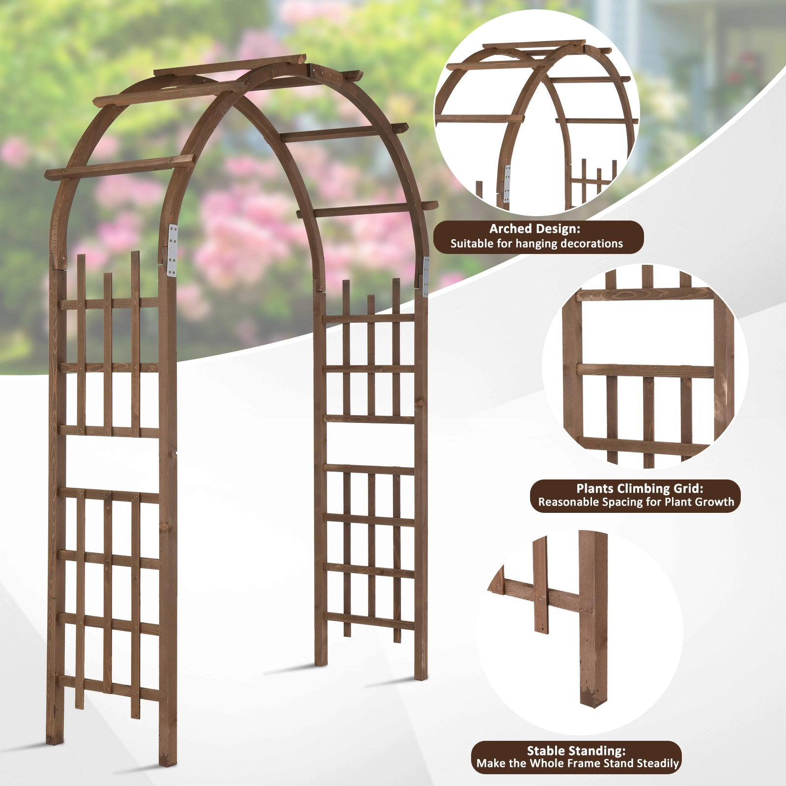 7FT Wooden Garden Arbor, Wedding Arch Backdrop Stand for Ceremony Party, Garden Pergola with Trellis for Climbing Plants, Dark Brown view 19