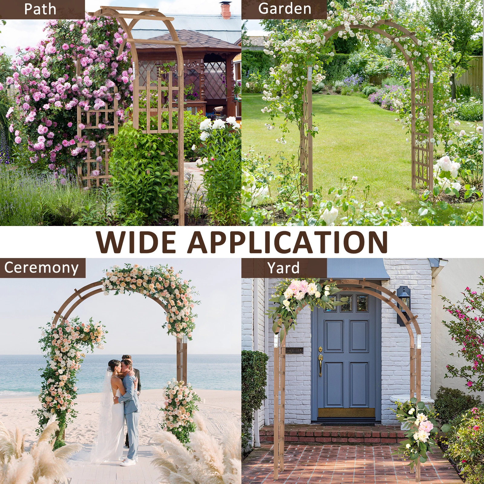 7FT Wooden Garden Arbor, Wedding Arch Backdrop Stand for Ceremony Party, Garden Pergola with Trellis for Climbing Plants, Dark Brown view 21