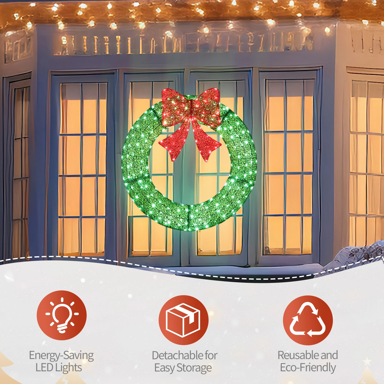 36in Pre Lit Metal Christmas Wreath with Red Bow, Remote Control LED Lights Timer, Outdoor Indoor Holiday Door Gate Wall Decoration view 3