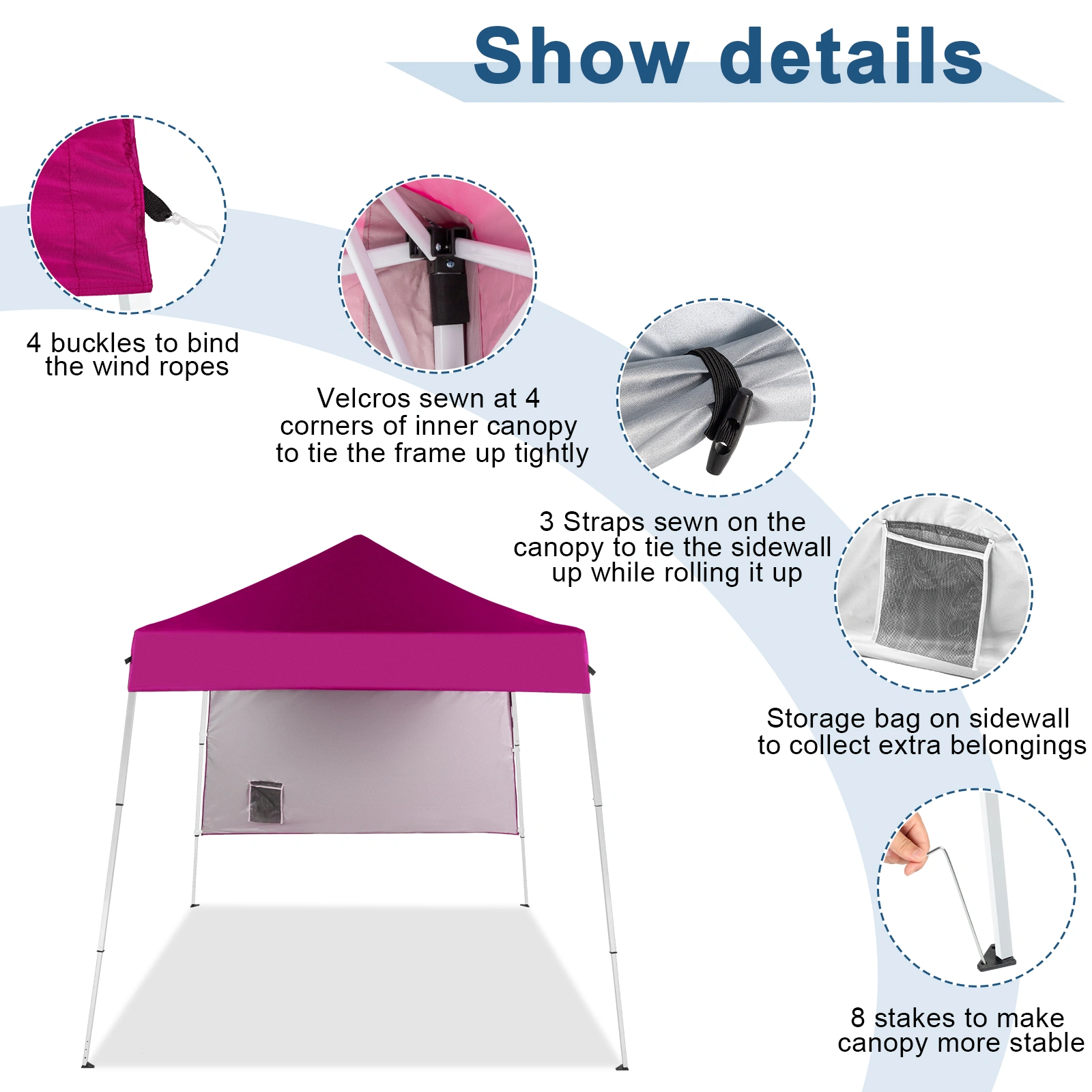 6x6ft Pop Up Canopy Tent, Outdoor Tent Canopy Foldable Portable Canopies for Camping, Patio, Easy Up Gazebo Canopy with Carry Bag Slant Legs,pink view 11
