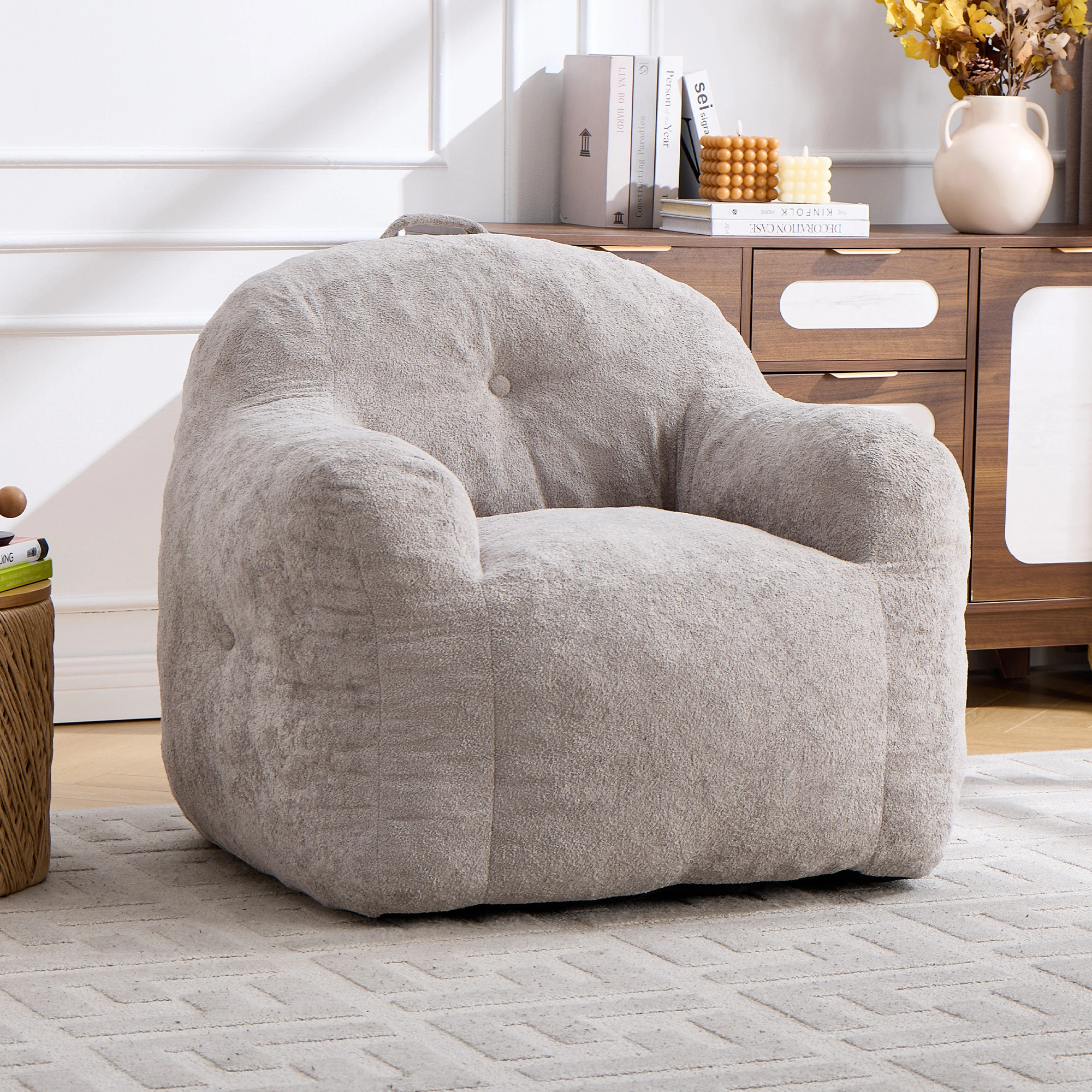 Bean Bag Chair with Armrests, Faux Fur Beanbag Sofa with Shredded Sponge Filler, No Assembly, Light Grey