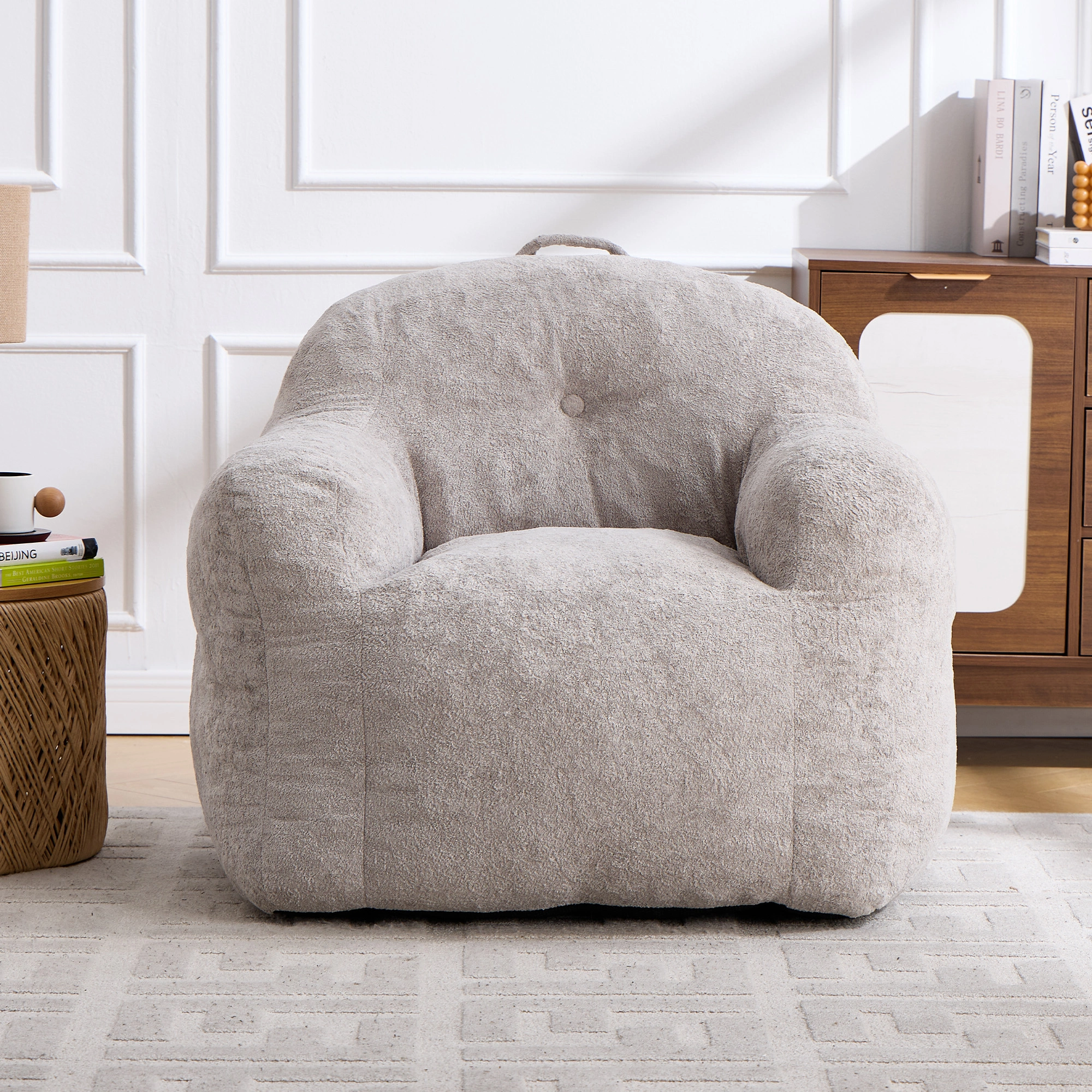 Bean Bag Chair with Armrests, Faux Fur Beanbag Sofa with Shredded Sponge Filler, No Assembly, Light Grey view 2