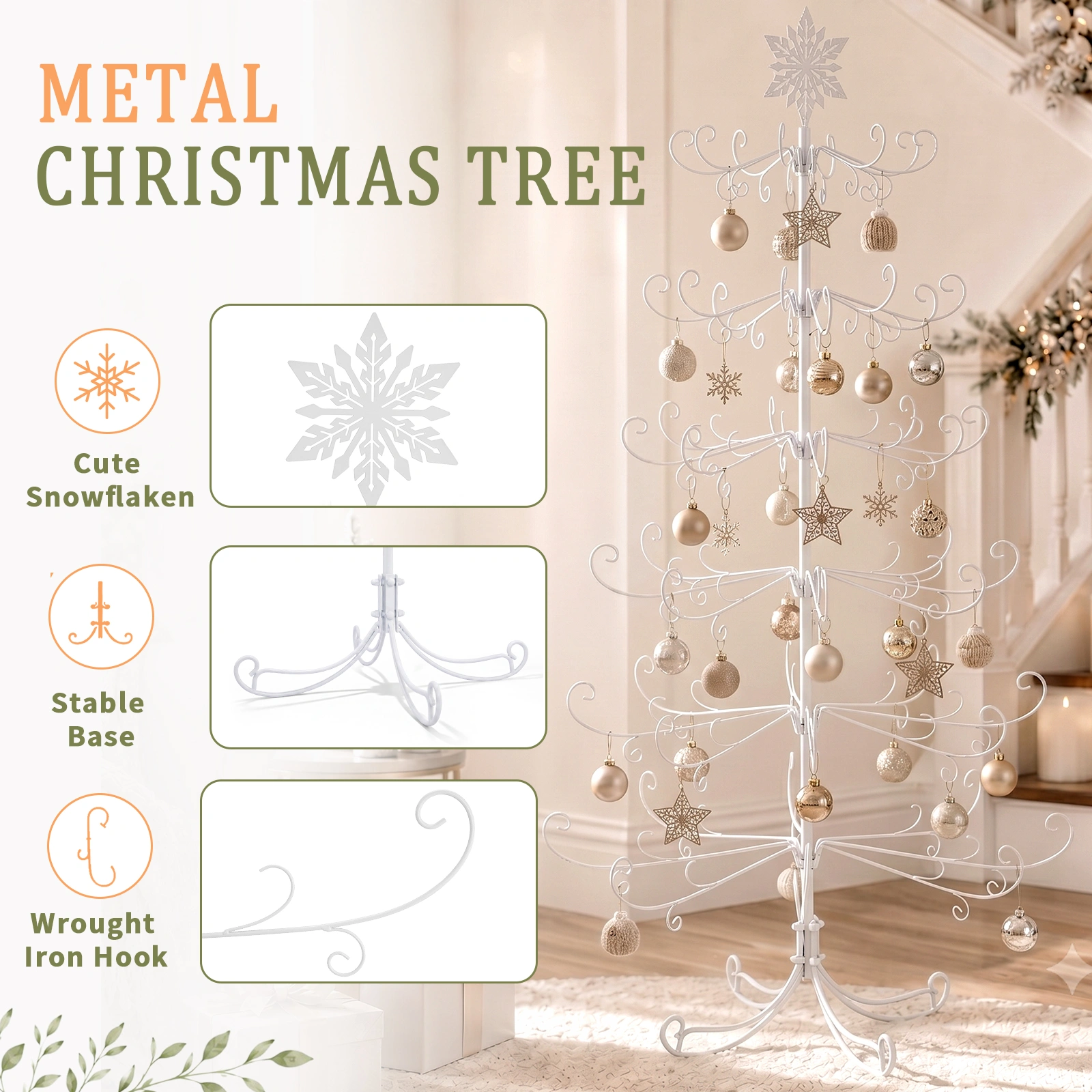 6ft White PVC Metal Artificial Christmas Tree with Snowflake Topper, No Extra Ornaments, Daily Decor Tree view 4
