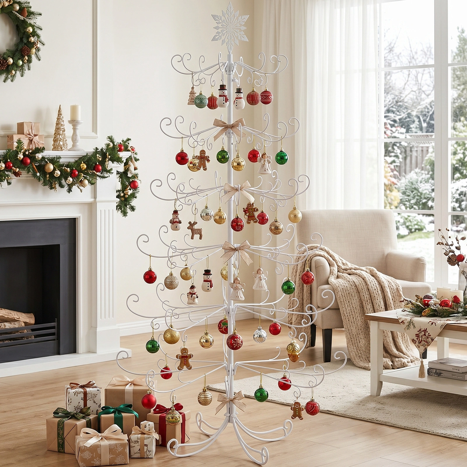 6ft White PVC Metal Artificial Christmas Tree with Snowflake Topper, No Extra Ornaments, Daily Decor Tree view 6
