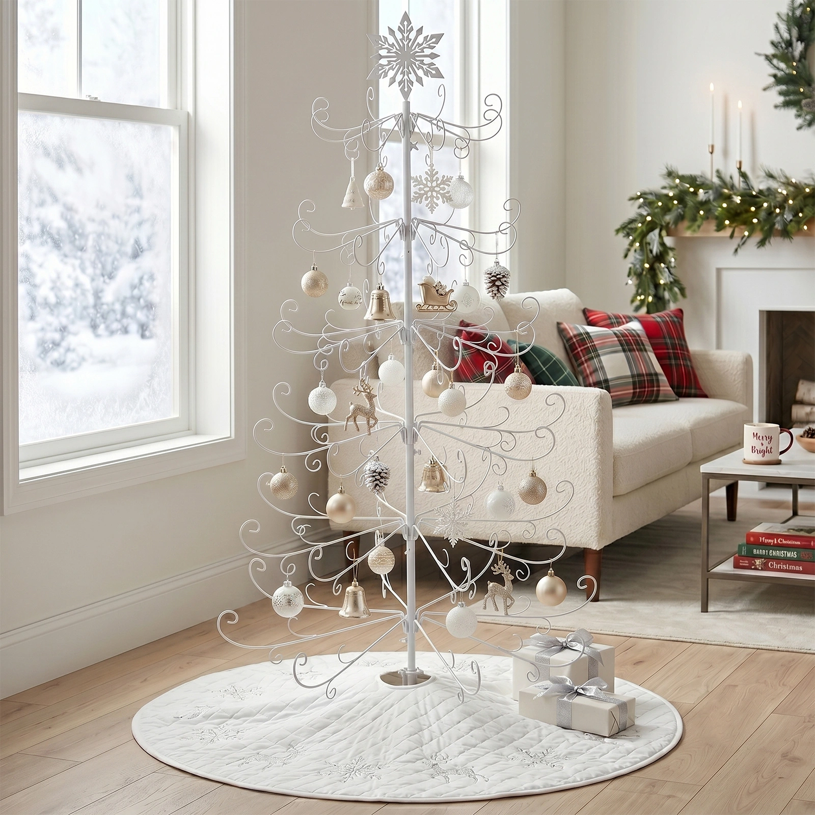 6ft White PVC Metal Artificial Christmas Tree with Snowflake Topper, No Extra Ornaments, Daily Decor Tree view 9