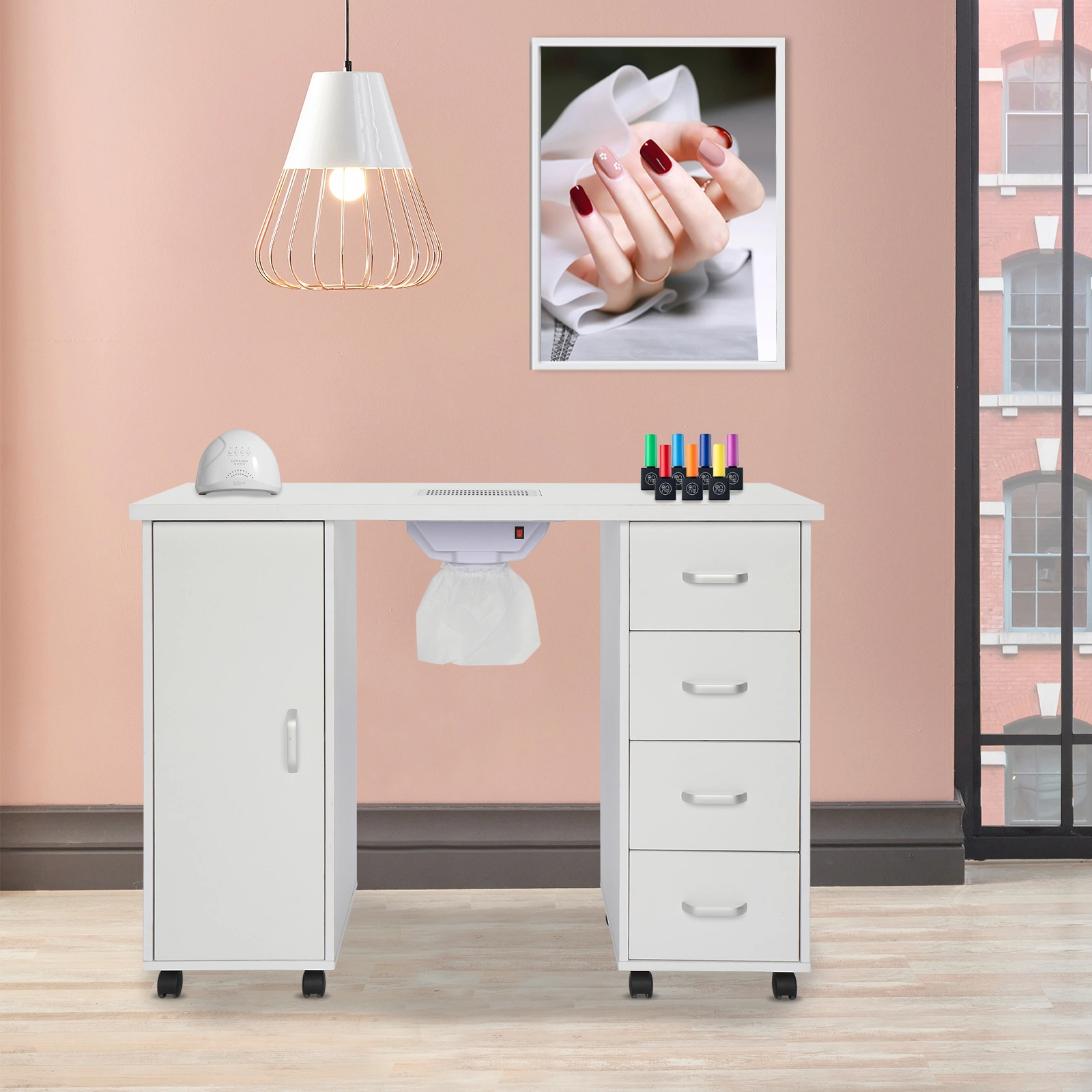 MDF Single Door 4 Drawers With Fan White Nail Table view 13