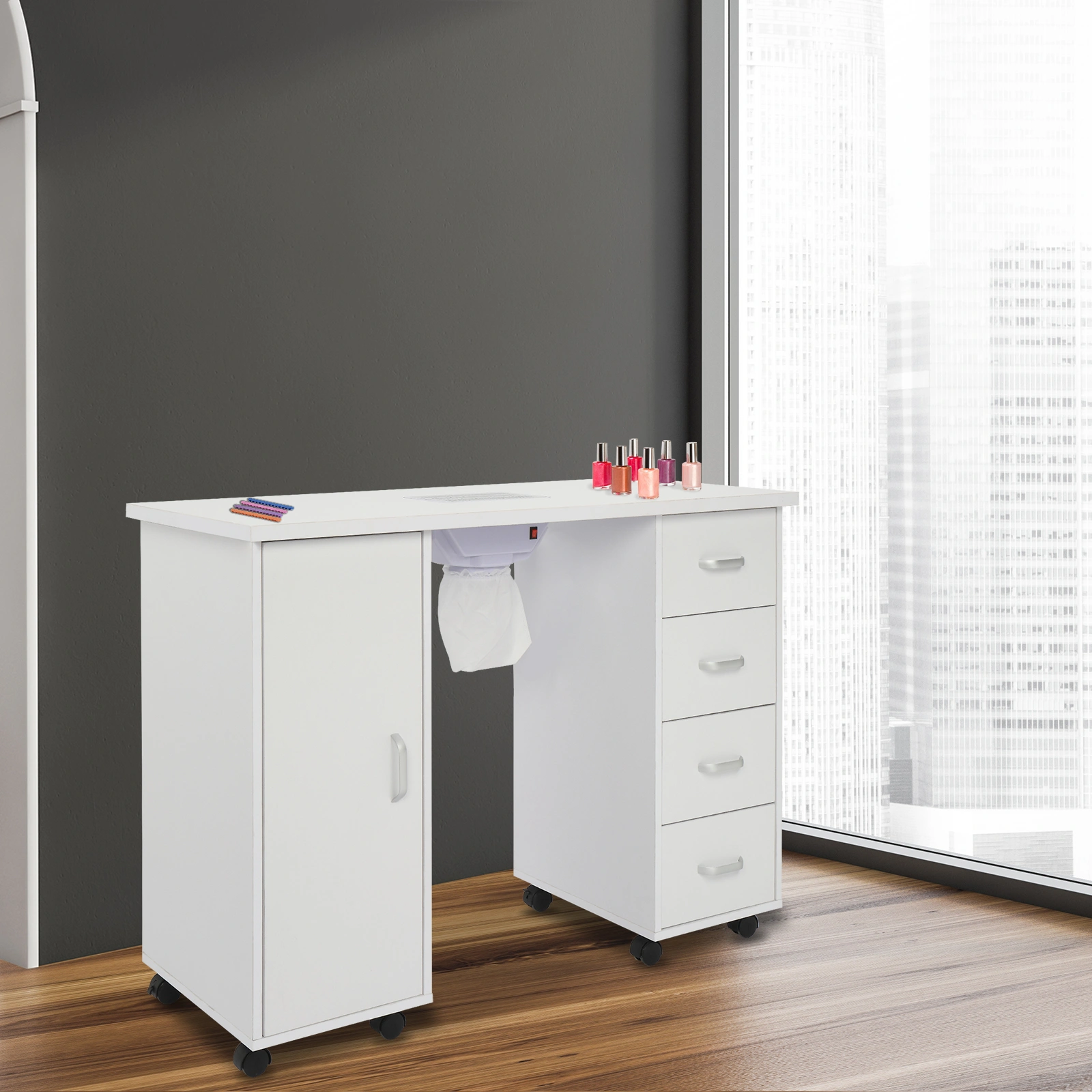MDF Single Door 4 Drawers With Fan White Nail Table view 14