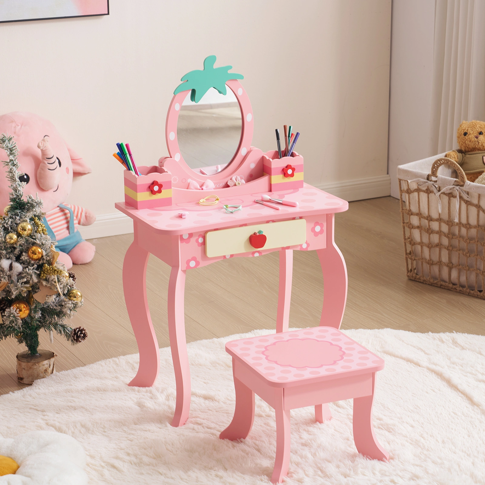 Pink MDF spray-painted + apple-printed 1-drawer 2-desktop storage box children's dressing table set view 7
