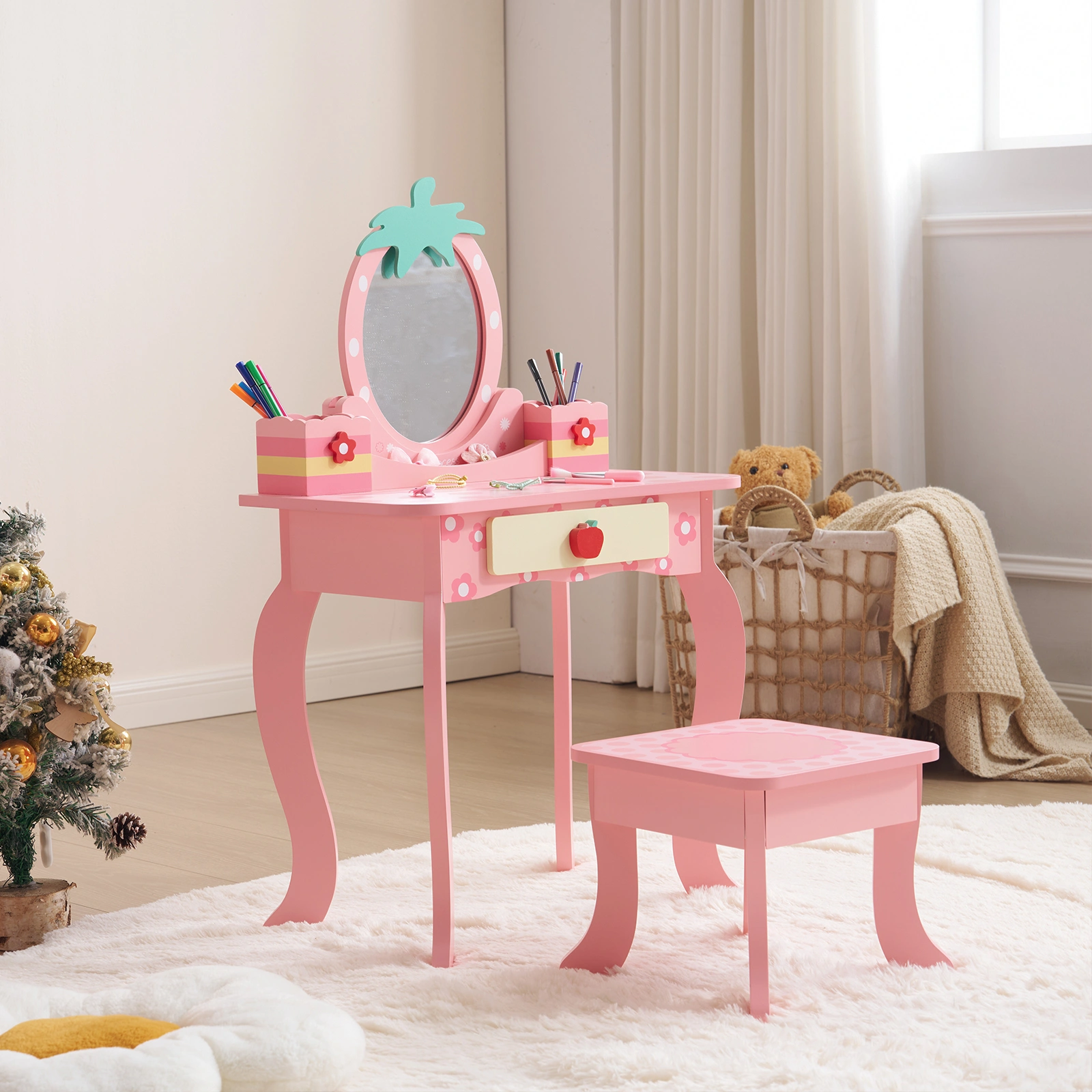 Pink MDF spray-painted + apple-printed 1-drawer 2-desktop storage box children's dressing table set view 8