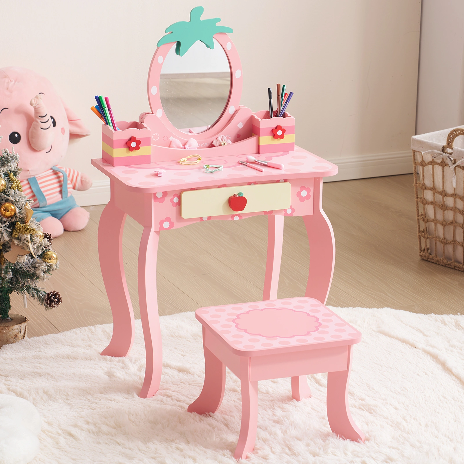 Pink MDF spray-painted + apple-printed 1-drawer 2-desktop storage box children's dressing table set view 9