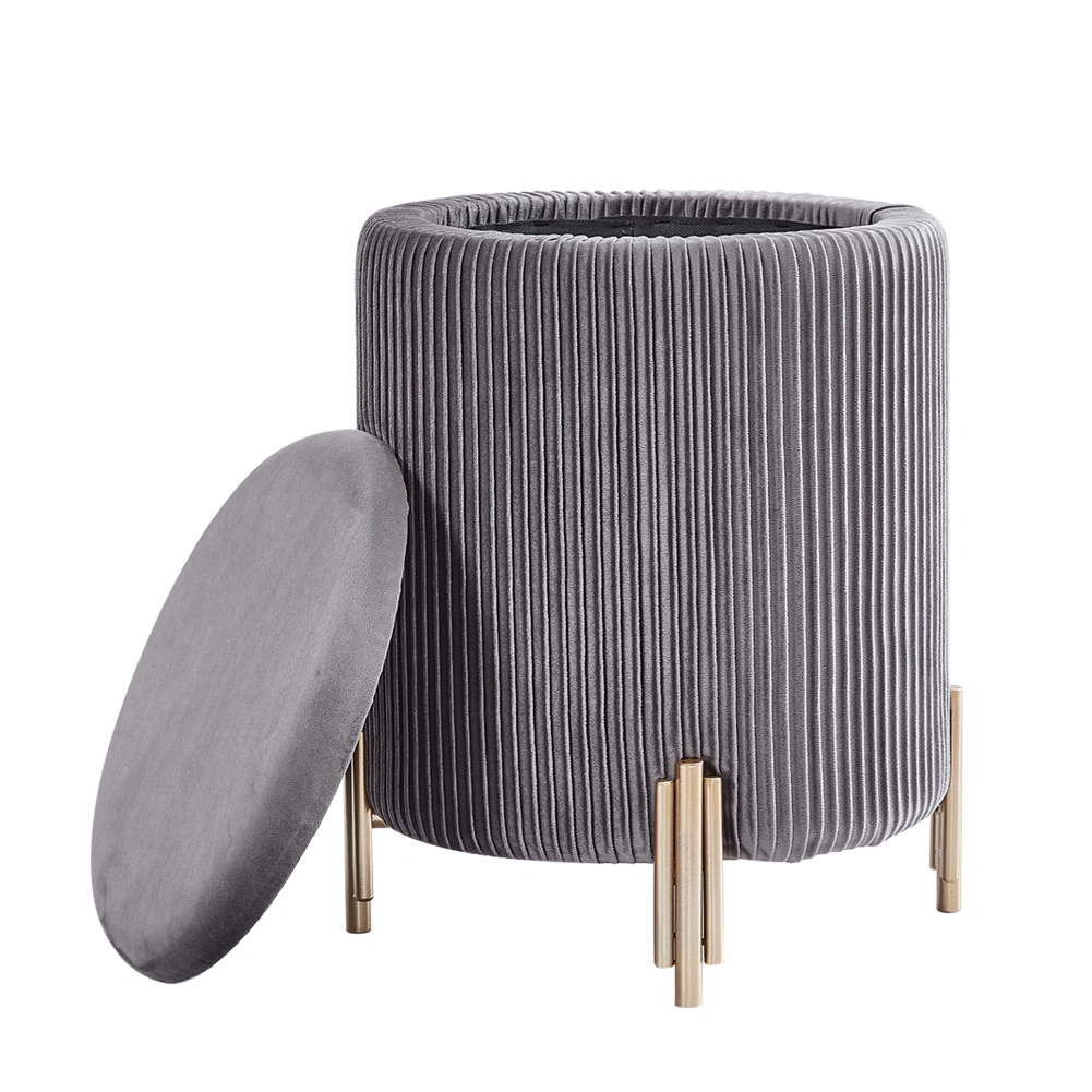 Large Round Velvet Storage Ottoman with Gold Legs, Upholstered Footstool Pouffe for Bedroom Living Room, Grey