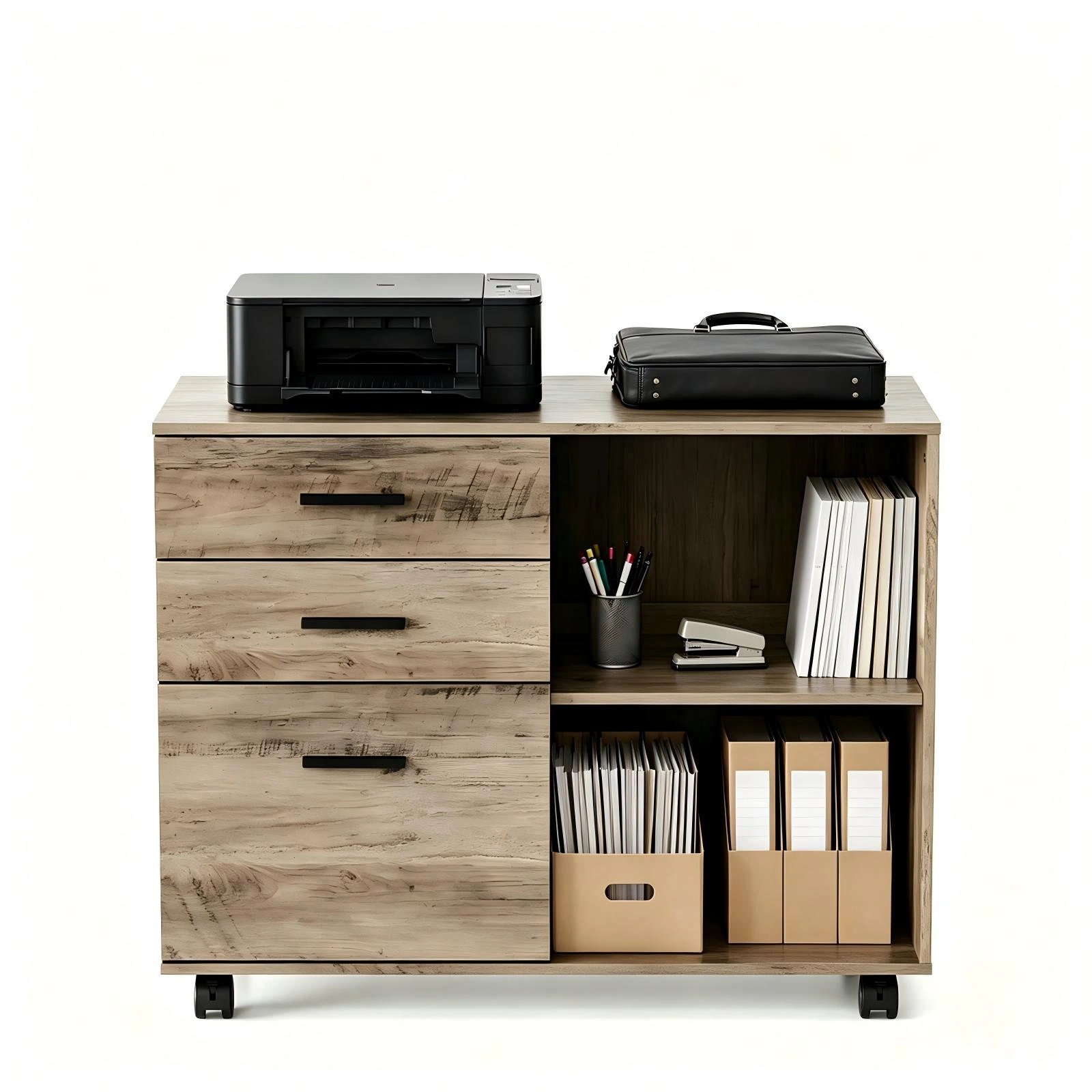 3-Drawer Wooden Filing Cabinet with Wheels, P2 Particleboard Storage Cupboard, Melamine Lined, 31.5x14.2x25.2in, Grey view 2