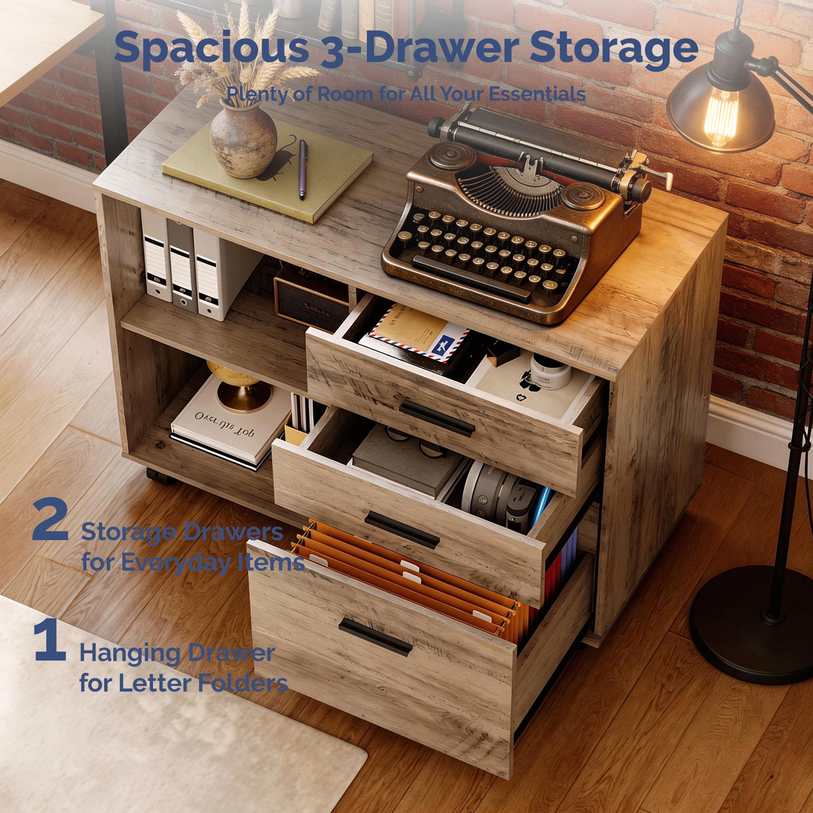3-Drawer Wooden Filing Cabinet with Wheels, P2 Particleboard Storage Cupboard, Melamine Lined, 31.5x14.2x25.2in, Grey view 7