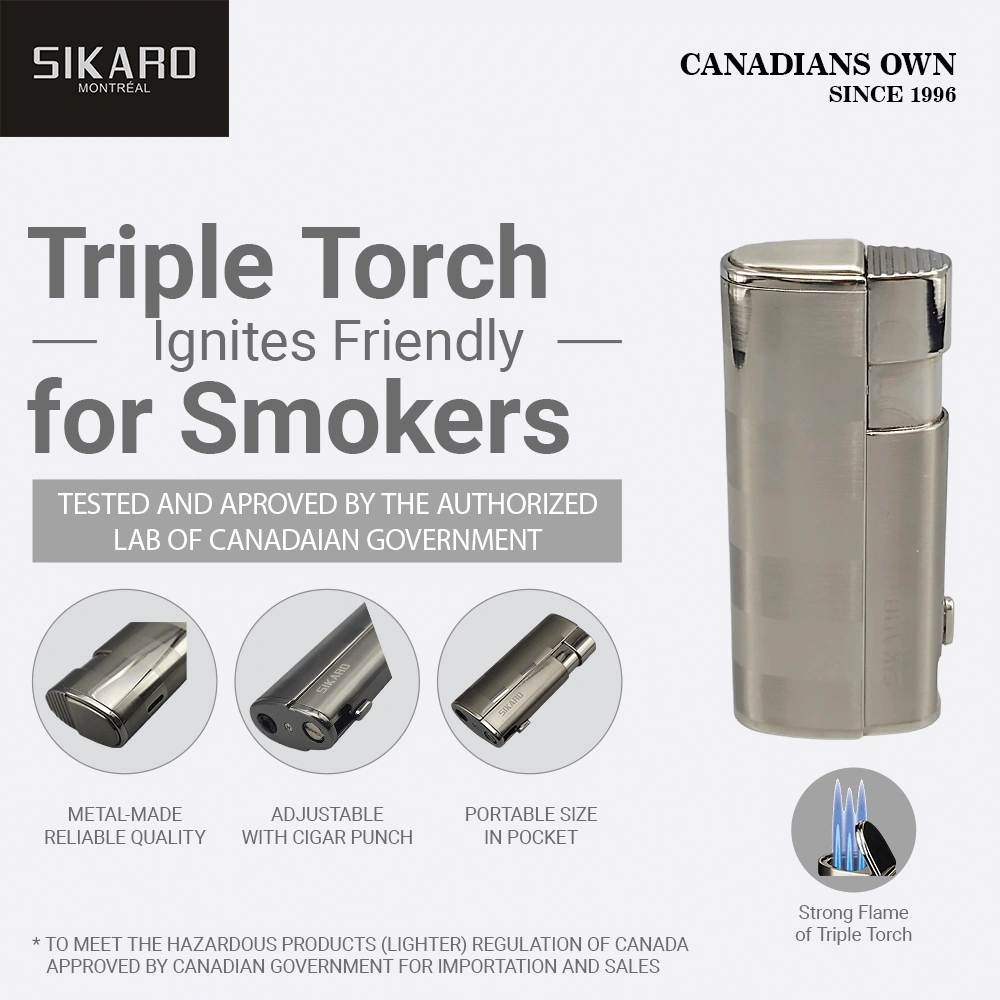 SIKARO HURRICANE Triple Torch Lighter Silver w/Cigar Punch, Refillable Adjustable Flame, Windproof for Cigar, Kitchen, Outdoor view 2