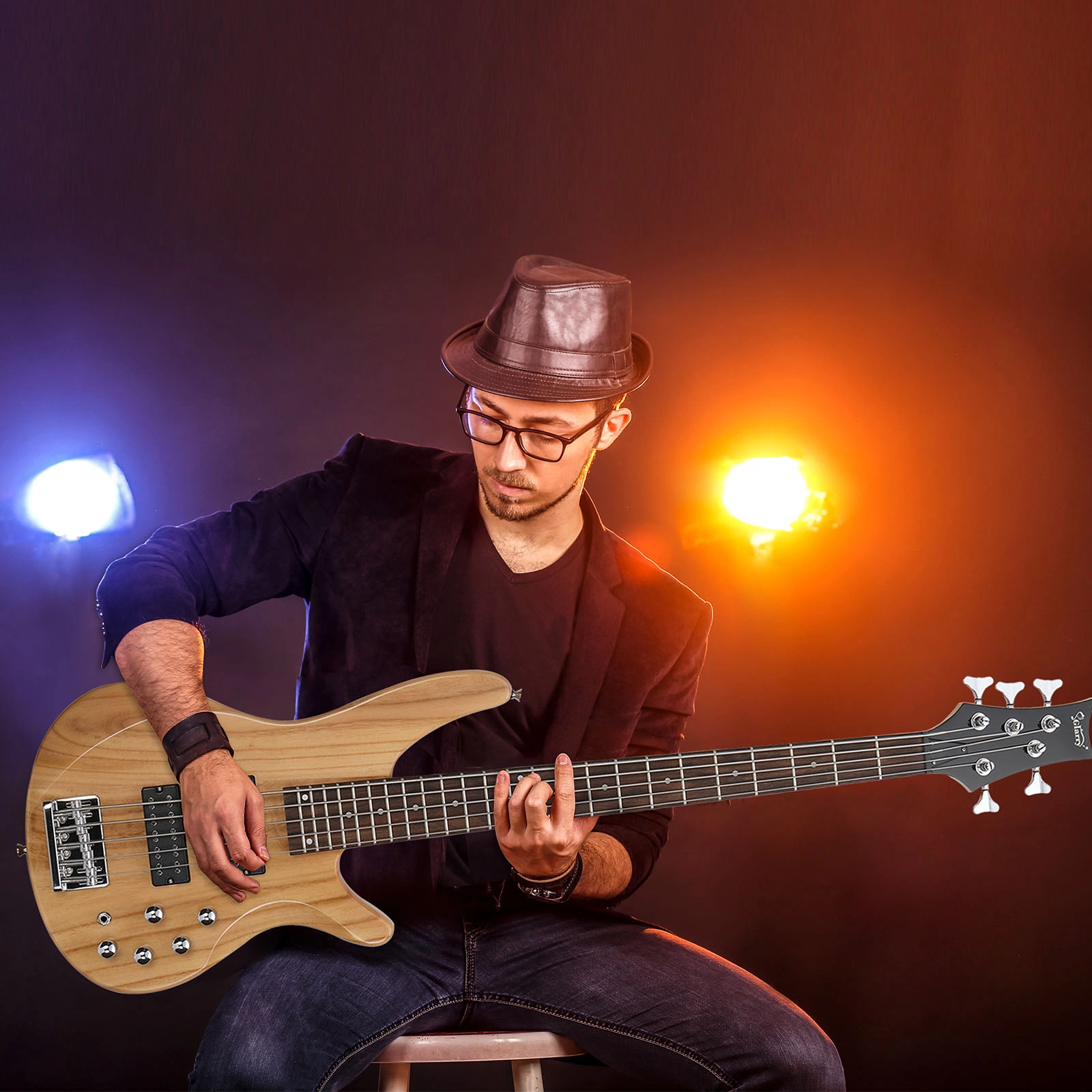 44 Inch GIB 5 String H-H Pickup Laurel Wood Fingerboard Electric Bass Guitar with Bag and other Accessories Burlywood view 12