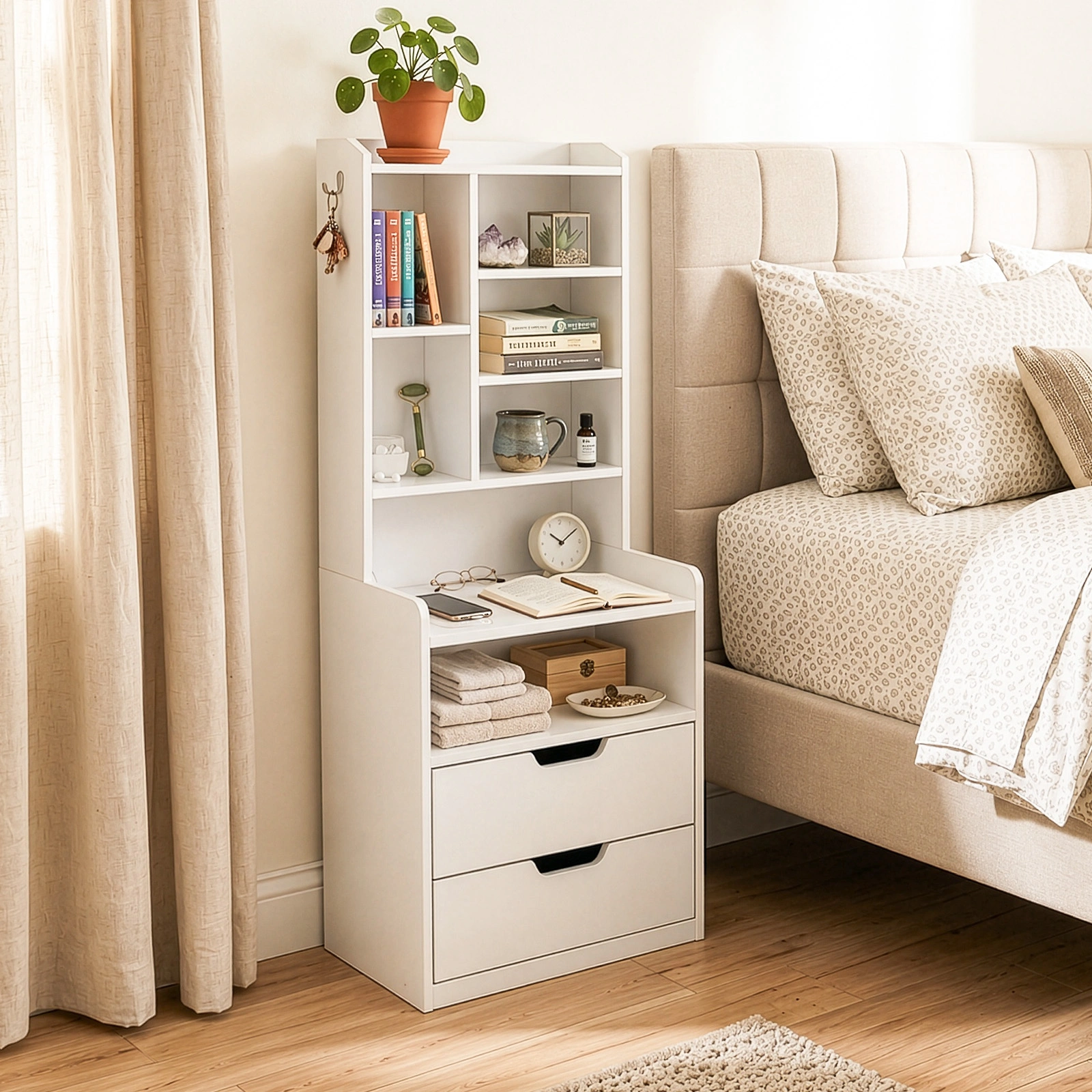 2 Drawers + 1 Shelf + 6-Shelf BedsideTable US Standard Power Supply (1 USB + 1 Type-C + 2 Triple-Prong) Storage Locker P2-12MM Particleboard Laminated Storage Cabinet 17.32*13.78*50in White view 13