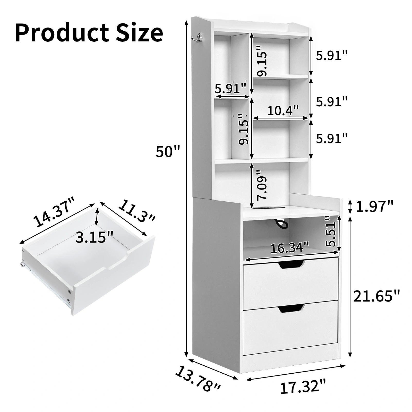 2 Drawers + 1 Shelf + 6-Shelf BedsideTable US Standard Power Supply (1 USB + 1 Type-C + 2 Triple-Prong) Storage Locker P2-12MM Particleboard Laminated Storage Cabinet 17.32*13.78*50in White view 5