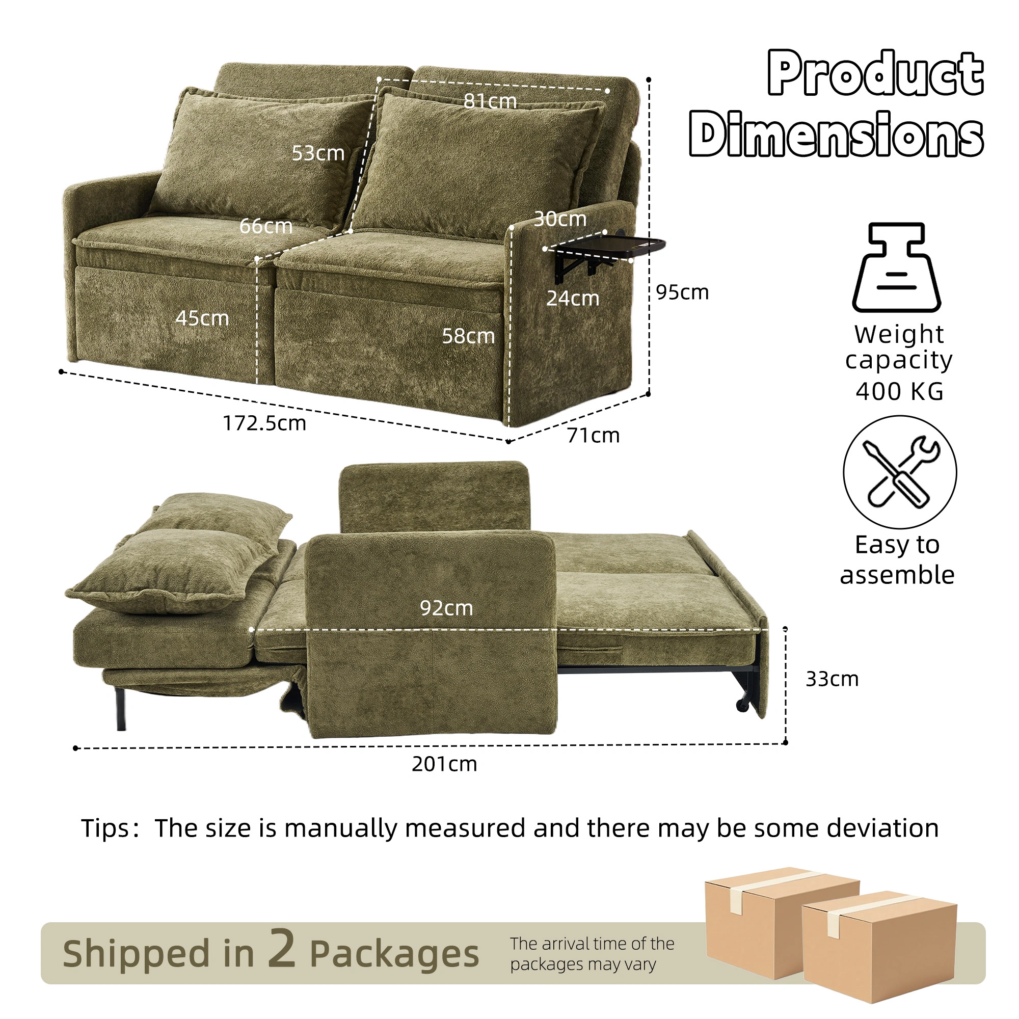 Sofa with Sleep Function Sleep Sofa with Cushions and USB, 3-in-1 Sofa&Couch with 5-Stage Adjustable Backrest, Foldable Sofa Bed with Storage, Chenille, Green view 3
