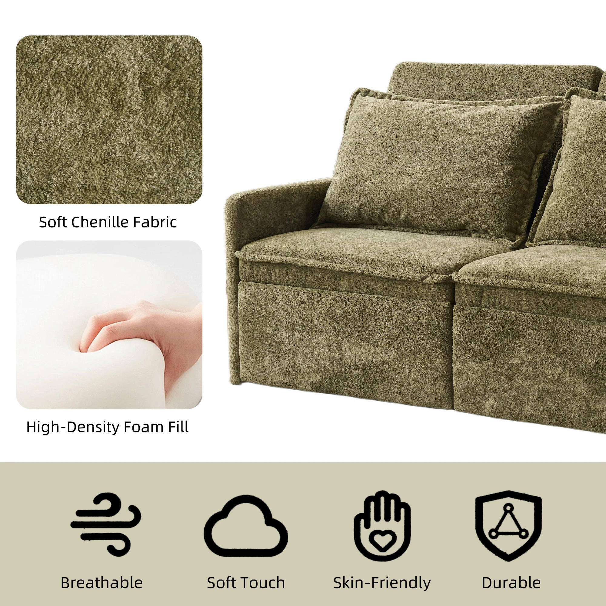 Sofa with Sleep Function Sleep Sofa with Cushions and USB, 3-in-1 Sofa&Couch with 5-Stage Adjustable Backrest, Foldable Sofa Bed with Storage, Chenille, Green view 4