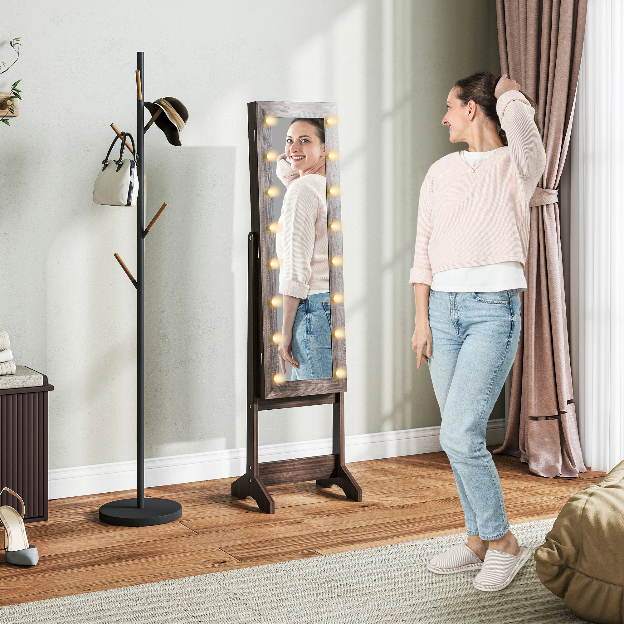 Freestanding Mirrored Jewellery Storage Cabinet - Large Armoire with Lock & Interior Lighting, Wooden Frame, Gold Tone Hardware