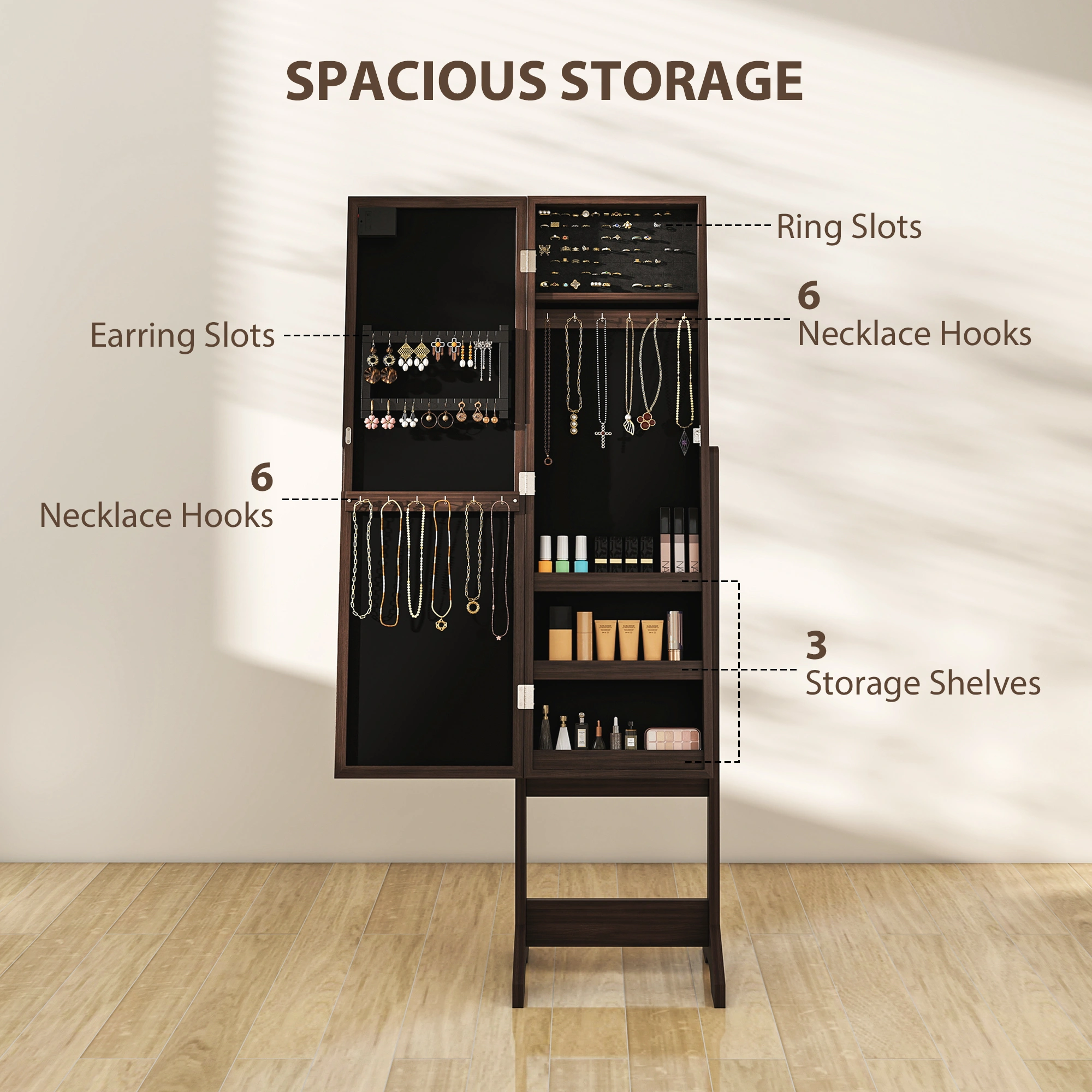 Freestanding Mirrored Jewellery Storage Cabinet - Large Armoire with Lock & Interior Lighting, Wooden Frame, Gold Tone Hardware view 5
