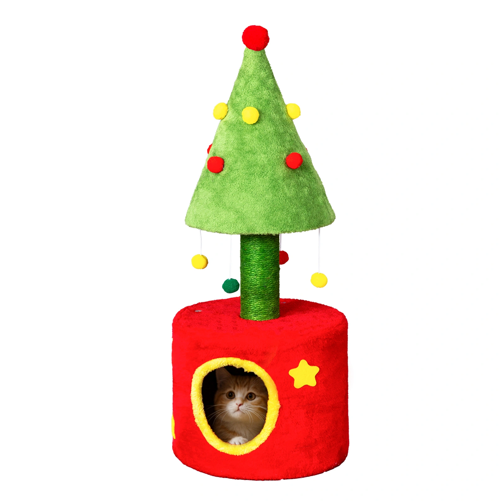 30in Cat Scratching Post with Cat House for Indoor Kitten, Small Cat Tree Tower with Sisal Post and Cute Hanging Balls, Red & Green view 10