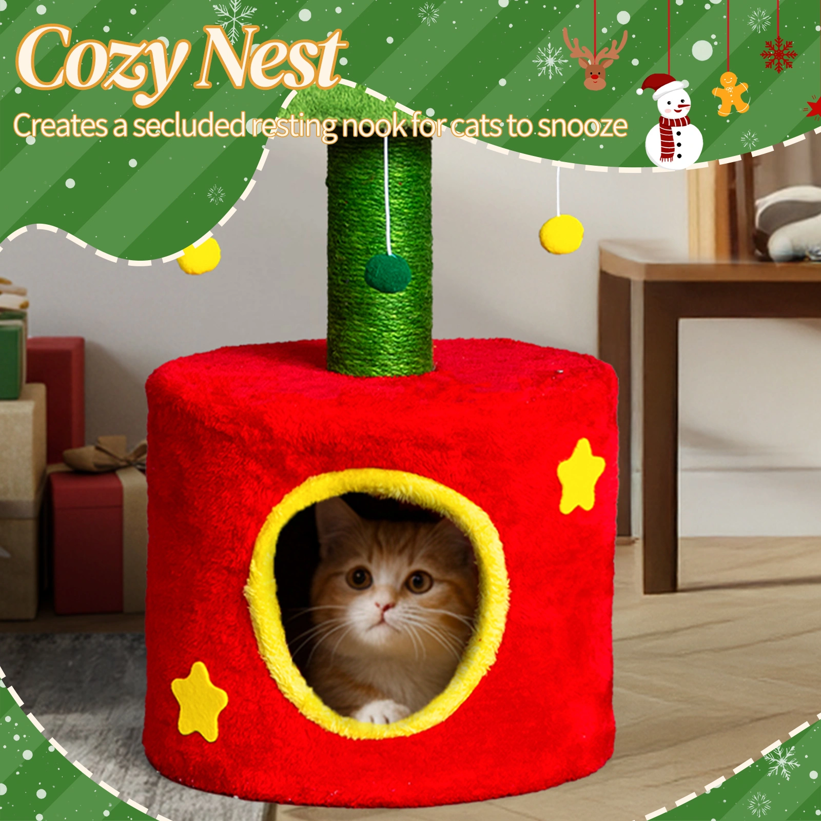 30in Cat Scratching Post with Cat House for Indoor Kitten, Small Cat Tree Tower with Sisal Post and Cute Hanging Balls, Red & Green view 2