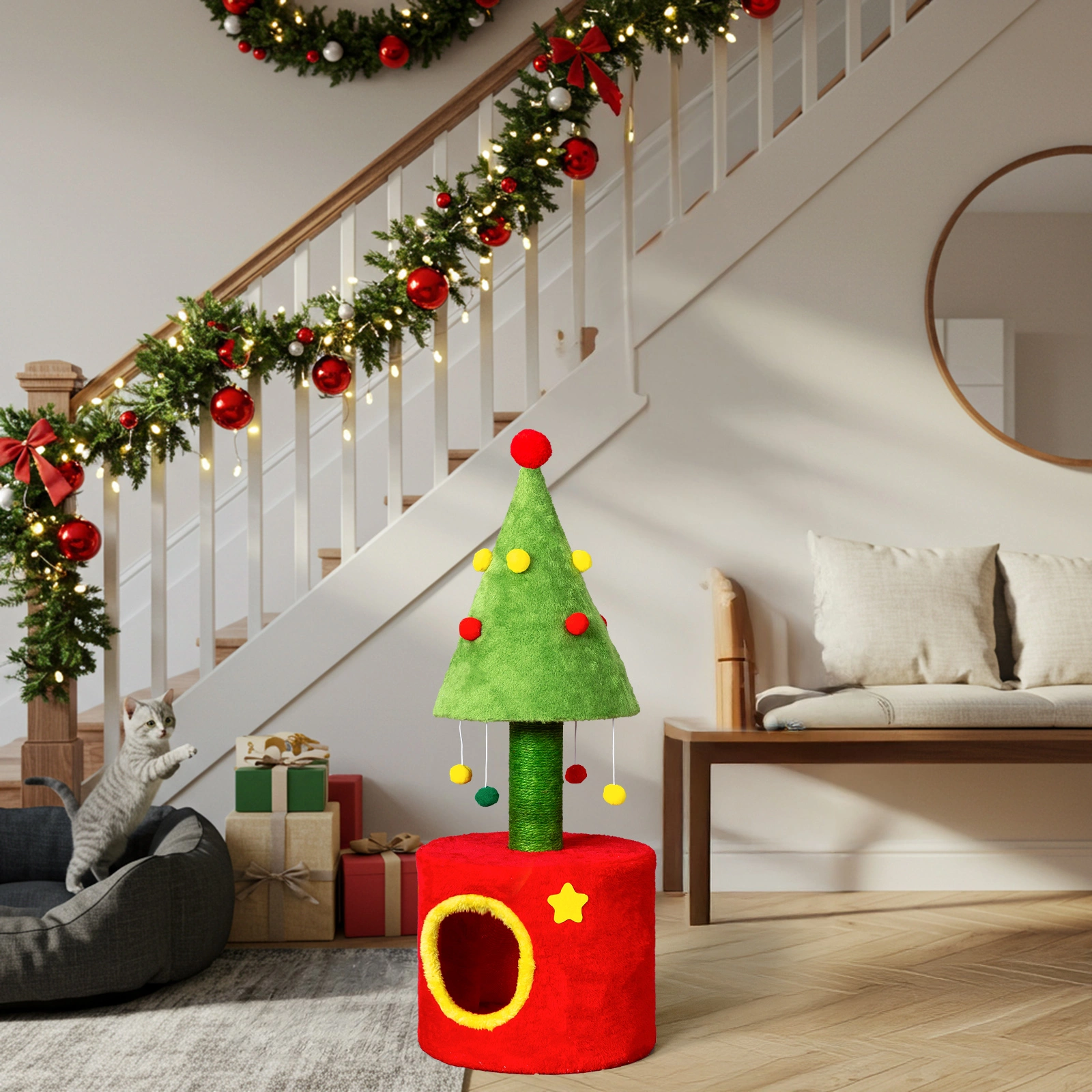 30in Cat Scratching Post with Cat House for Indoor Kitten, Small Cat Tree Tower with Sisal Post and Cute Hanging Balls, Red & Green view 7