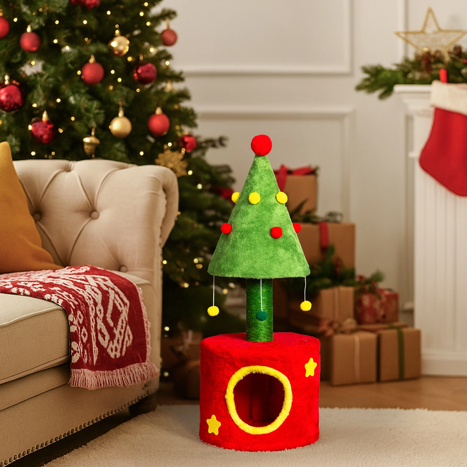 30in Cat Scratching Post with Cat House for Indoor Kitten, Small Cat Tree Tower with Sisal Post and Cute Hanging Balls, Red & Green view 8