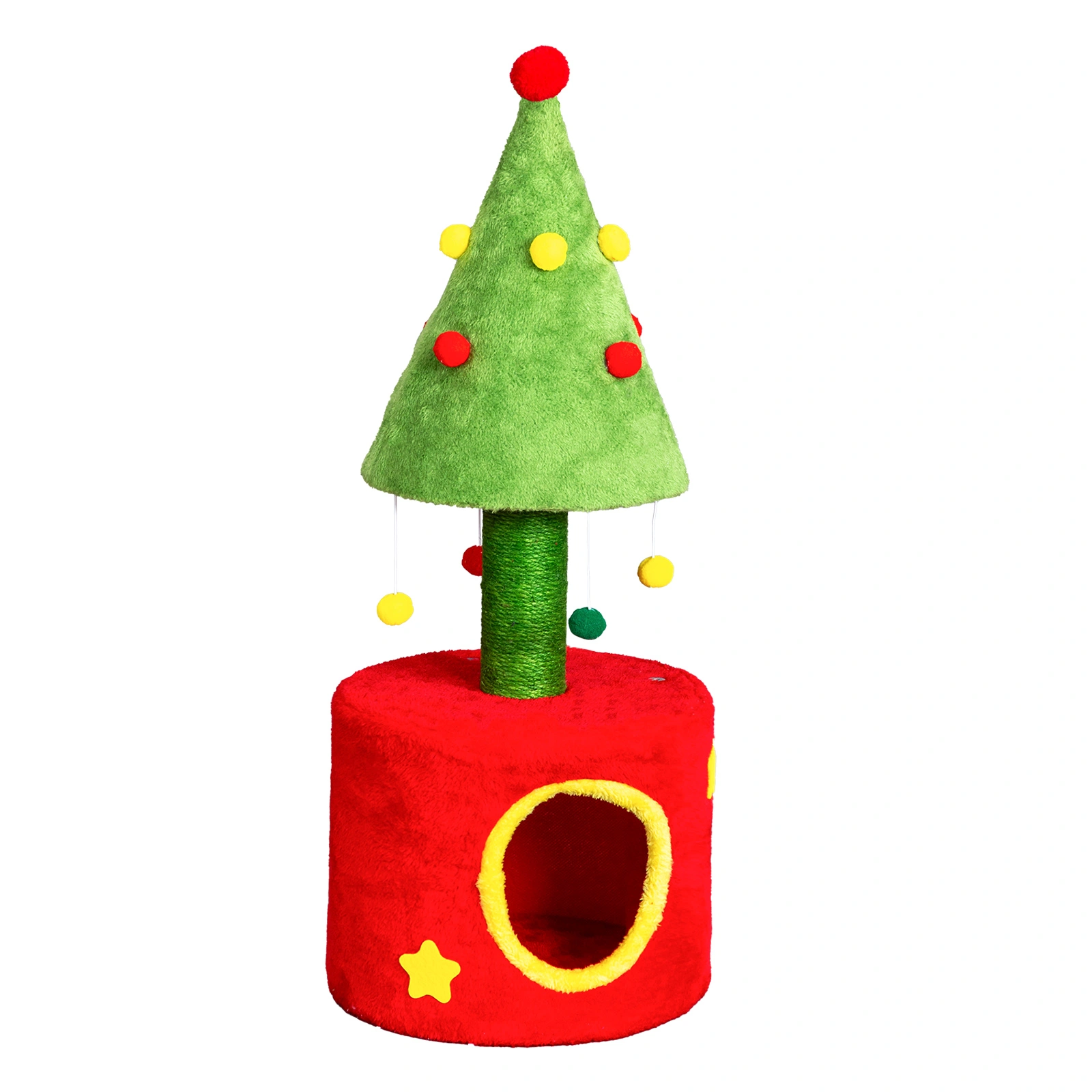30in Cat Scratching Post with Cat House for Indoor Kitten, Small Cat Tree Tower with Sisal Post and Cute Hanging Balls, Red & Green view 9