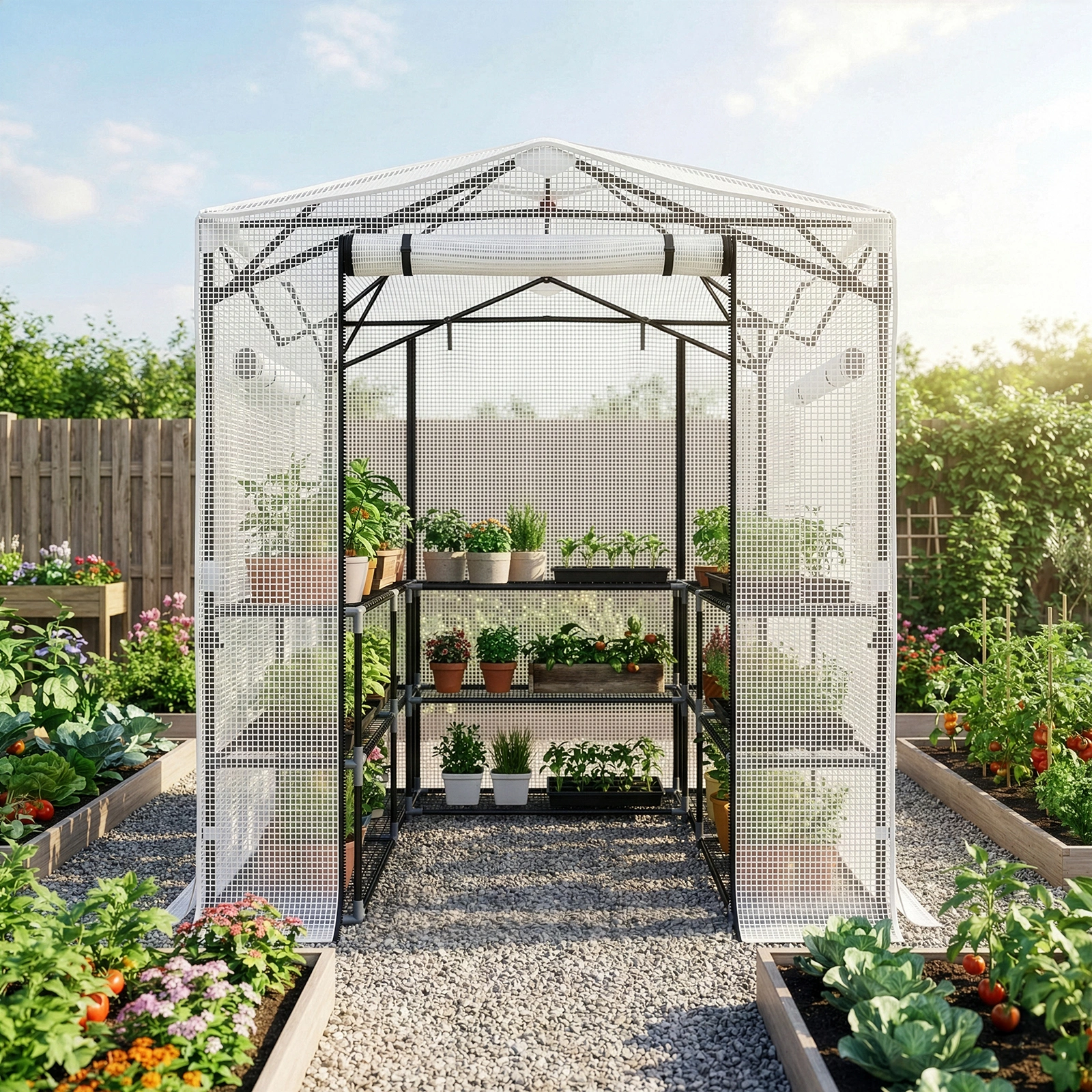 8*6ft Plastic Sprayed Iron Pipe PE Mesh Foldable Greenhouse Shed White view 9