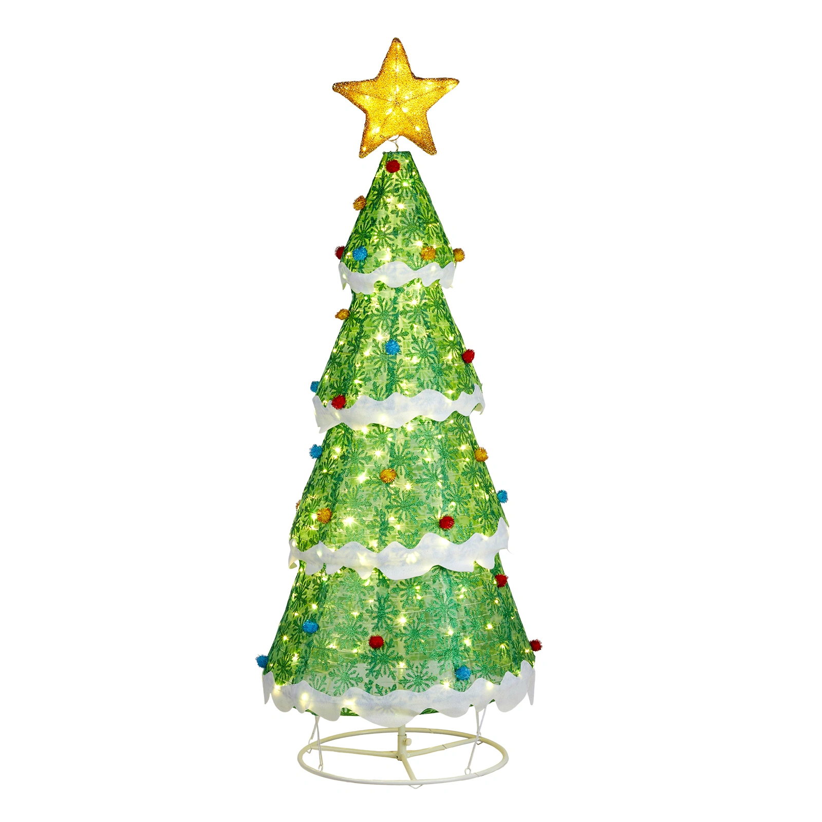 Lighted 6FT Christmas Tree Yard Decor, Pull-Up Tree with 200 LED Warm White Lights, Ropes Stakes, Outdoor Indoor Holiday