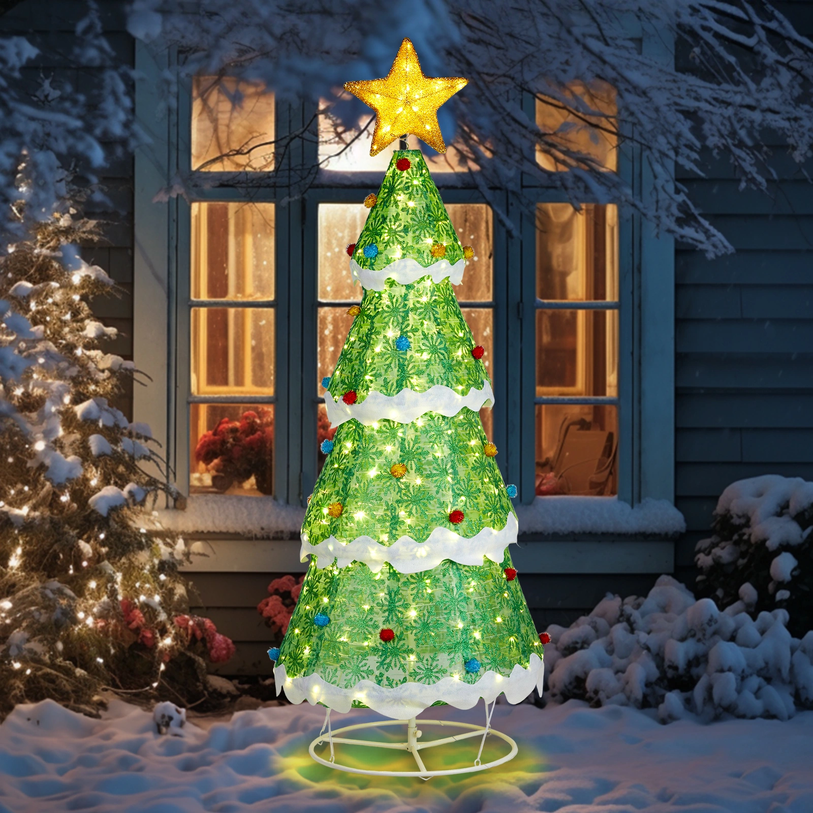 Lighted 6FT Christmas Tree Yard Decor, Pull-Up Tree with 200 LED Warm White Lights, Ropes Stakes, Outdoor Indoor Holiday view 2