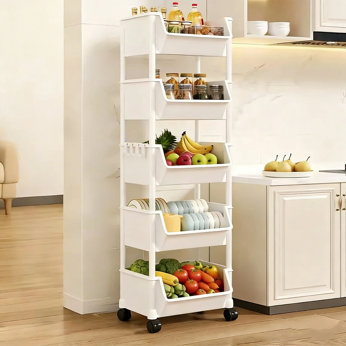 5-Tier Storage Trolley Cart on Wheels, Rolling Kitchen Organizer Rack Shelf, White Multi-Purpose Utility Cart for Home Office Bathroom