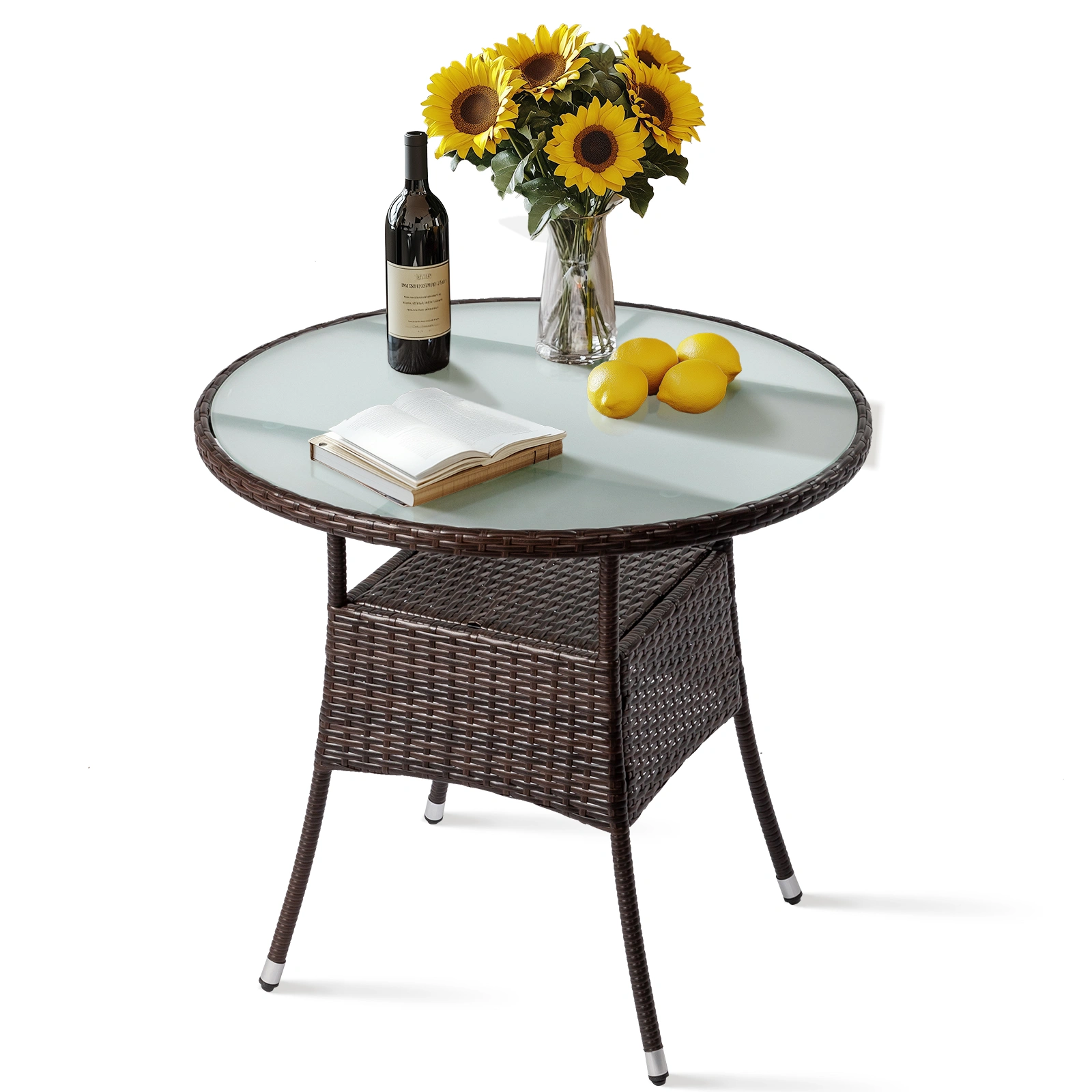 31.5" Patio Table for 4-Person, Outdoor Patio Wicker Round Dining Table, All-Weather Rattan Bistro Dining Table w/Glass Tabletop for Backyard Deck Porch Poolside, Brown view 11