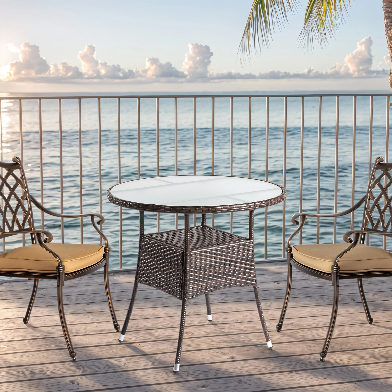 31.5" Patio Table for 4-Person, Outdoor Patio Wicker Round Dining Table, All-Weather Rattan Bistro Dining Table w/Glass Tabletop for Backyard Deck Porch Poolside, Brown view 14