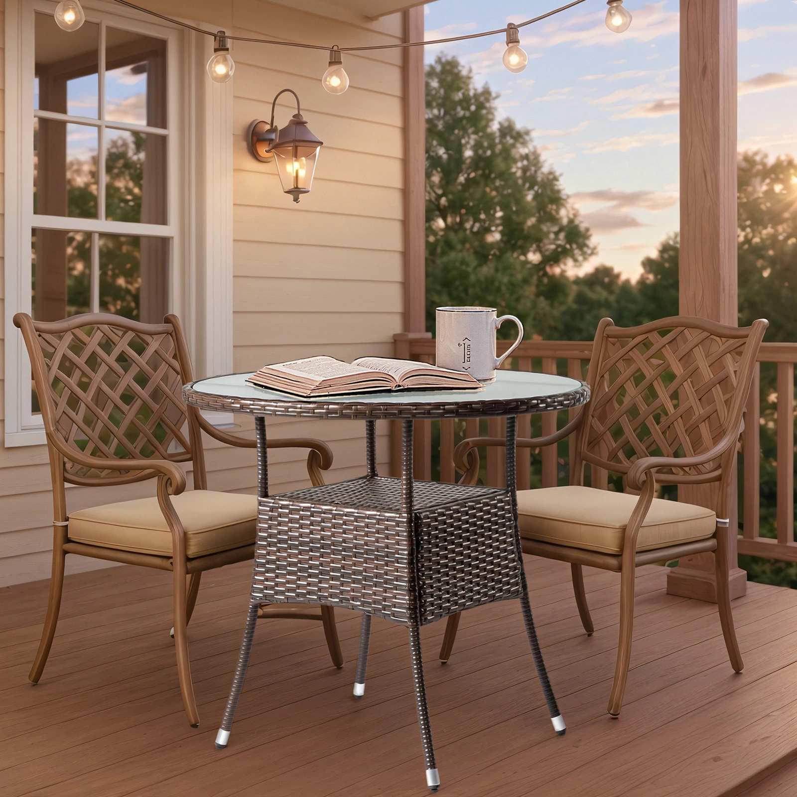 31.5" Patio Table for 4-Person, Outdoor Patio Wicker Round Dining Table, All-Weather Rattan Bistro Dining Table w/Glass Tabletop for Backyard Deck Porch Poolside, Brown view 15
