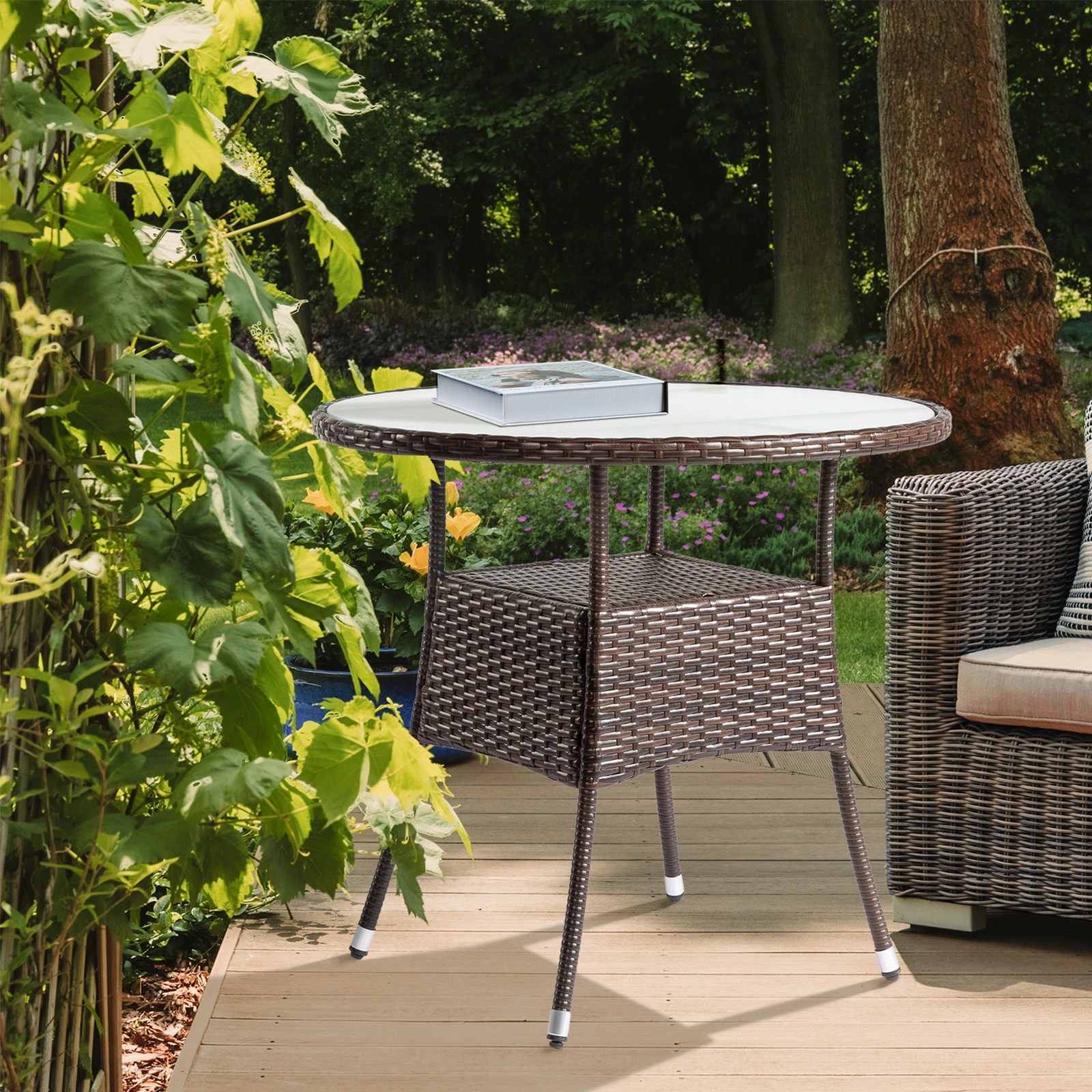 31.5" Patio Table for 4-Person, Outdoor Patio Wicker Round Dining Table, All-Weather Rattan Bistro Dining Table w/Glass Tabletop for Backyard Deck Porch Poolside, Brown view 16