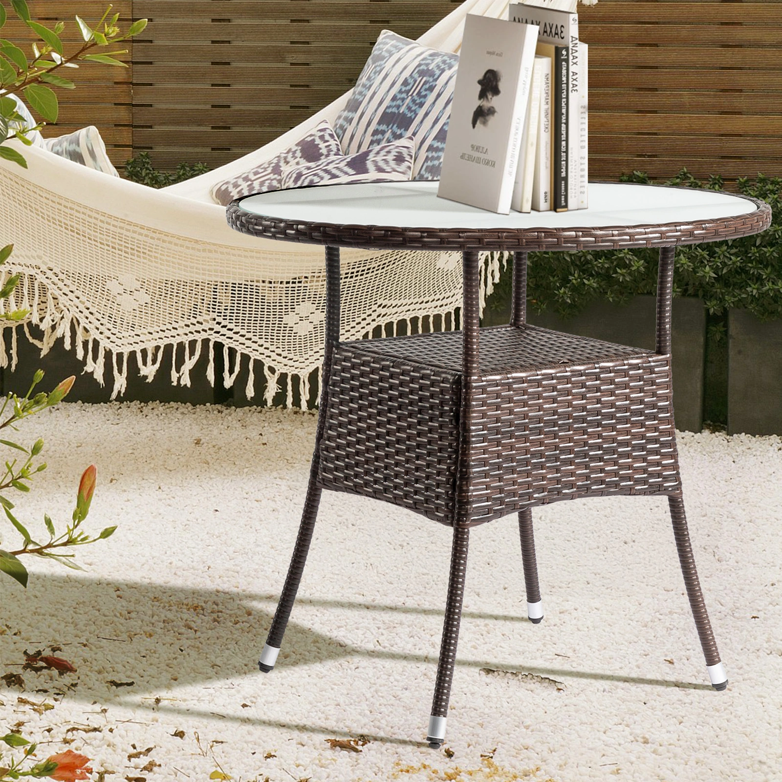 31.5" Patio Table for 4-Person, Outdoor Patio Wicker Round Dining Table, All-Weather Rattan Bistro Dining Table w/Glass Tabletop for Backyard Deck Porch Poolside, Brown view 17