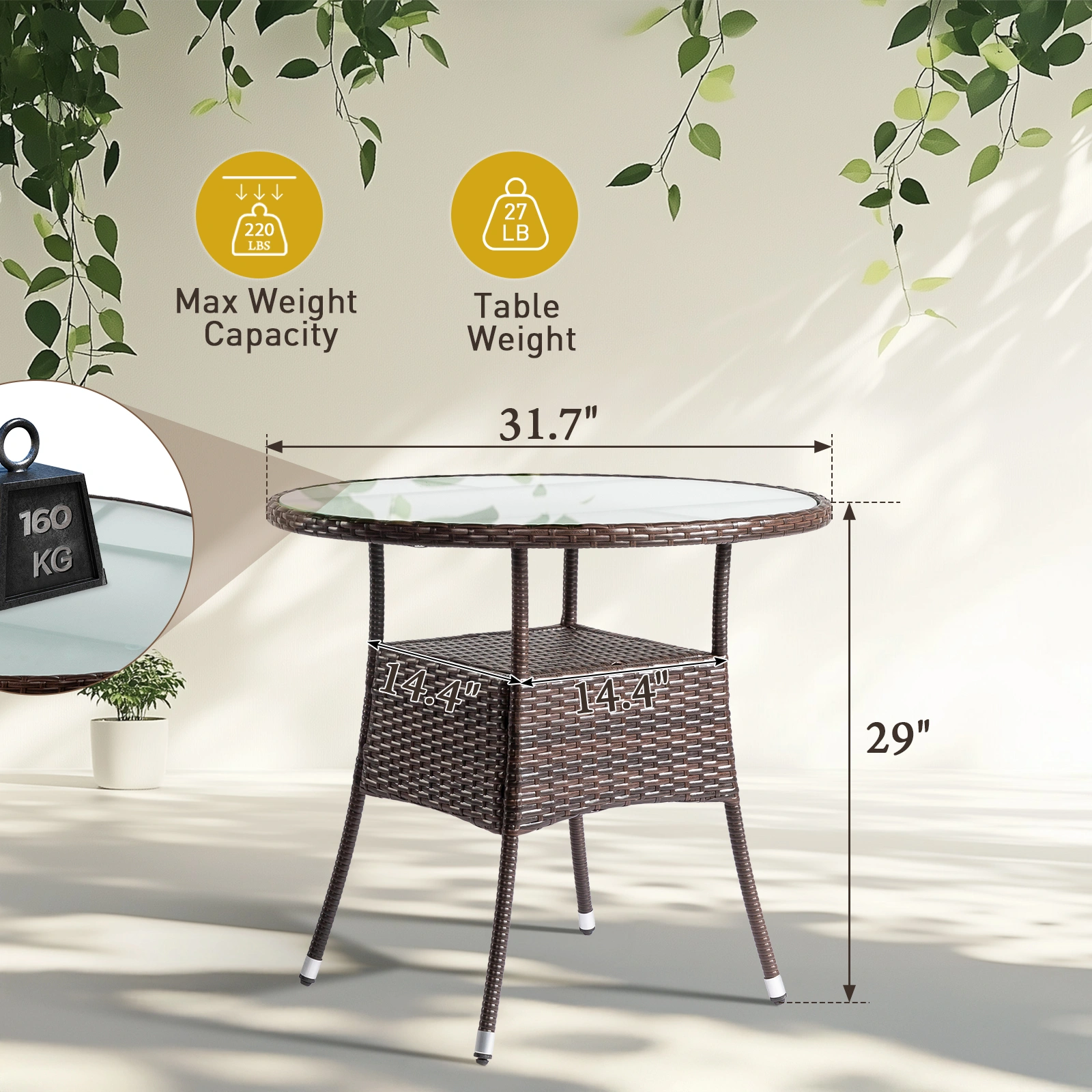 31.5" Patio Table for 4-Person, Outdoor Patio Wicker Round Dining Table, All-Weather Rattan Bistro Dining Table w/Glass Tabletop for Backyard Deck Porch Poolside, Brown view 20