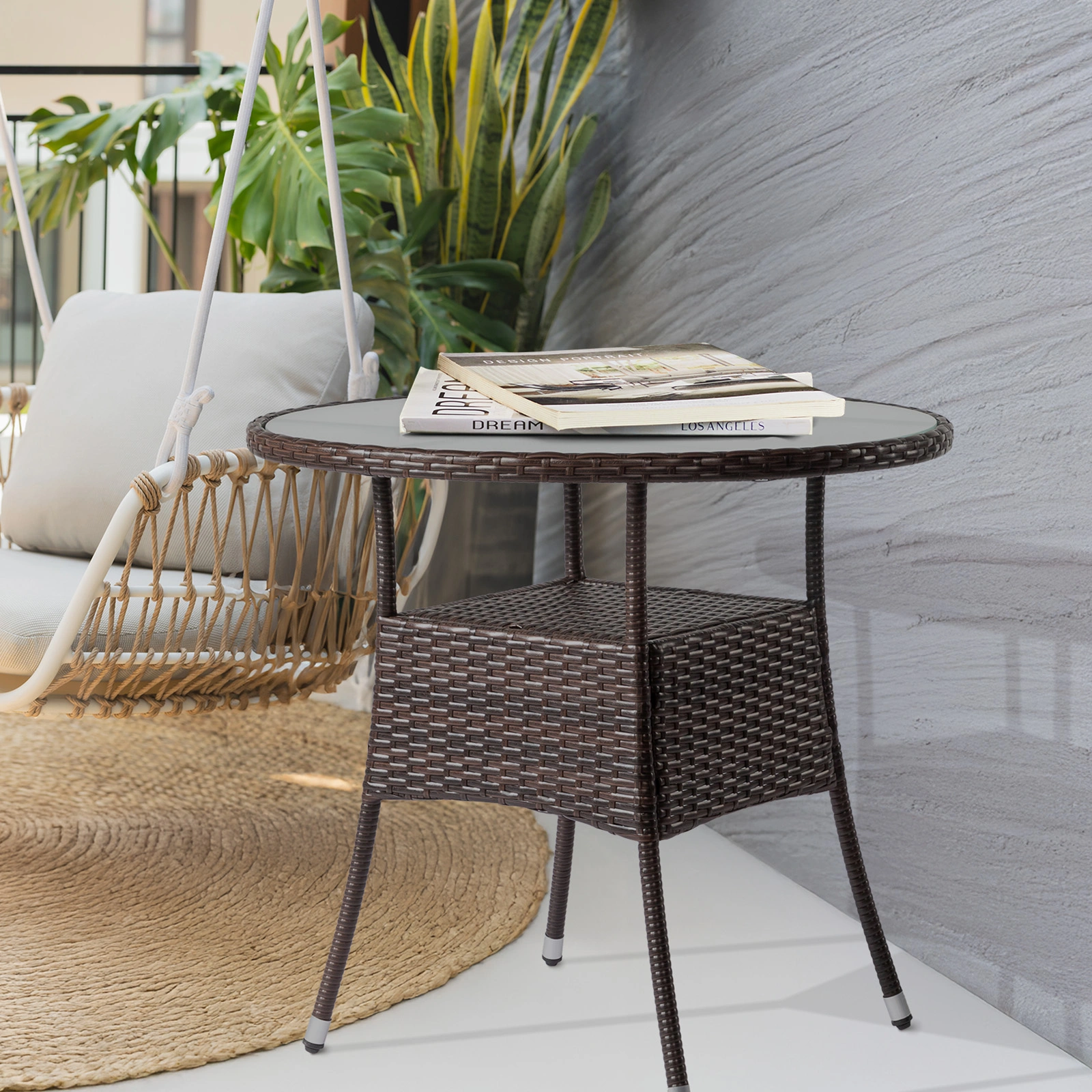31.5" Patio Table for 4-Person, Outdoor Patio Wicker Round Dining Table, All-Weather Rattan Bistro Dining Table w/Glass Tabletop for Backyard Deck Porch Poolside, Brown view 9